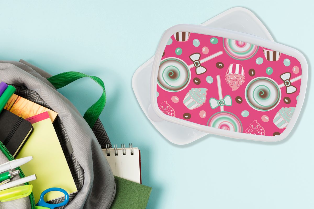 (2-tlg), Brotdose, MuchoWow Rosa, Kunststoff, Design Kinder Lunchbox Mädchen Bonbon - weiß Jungs für Erwachsene, Brotbox und für - und