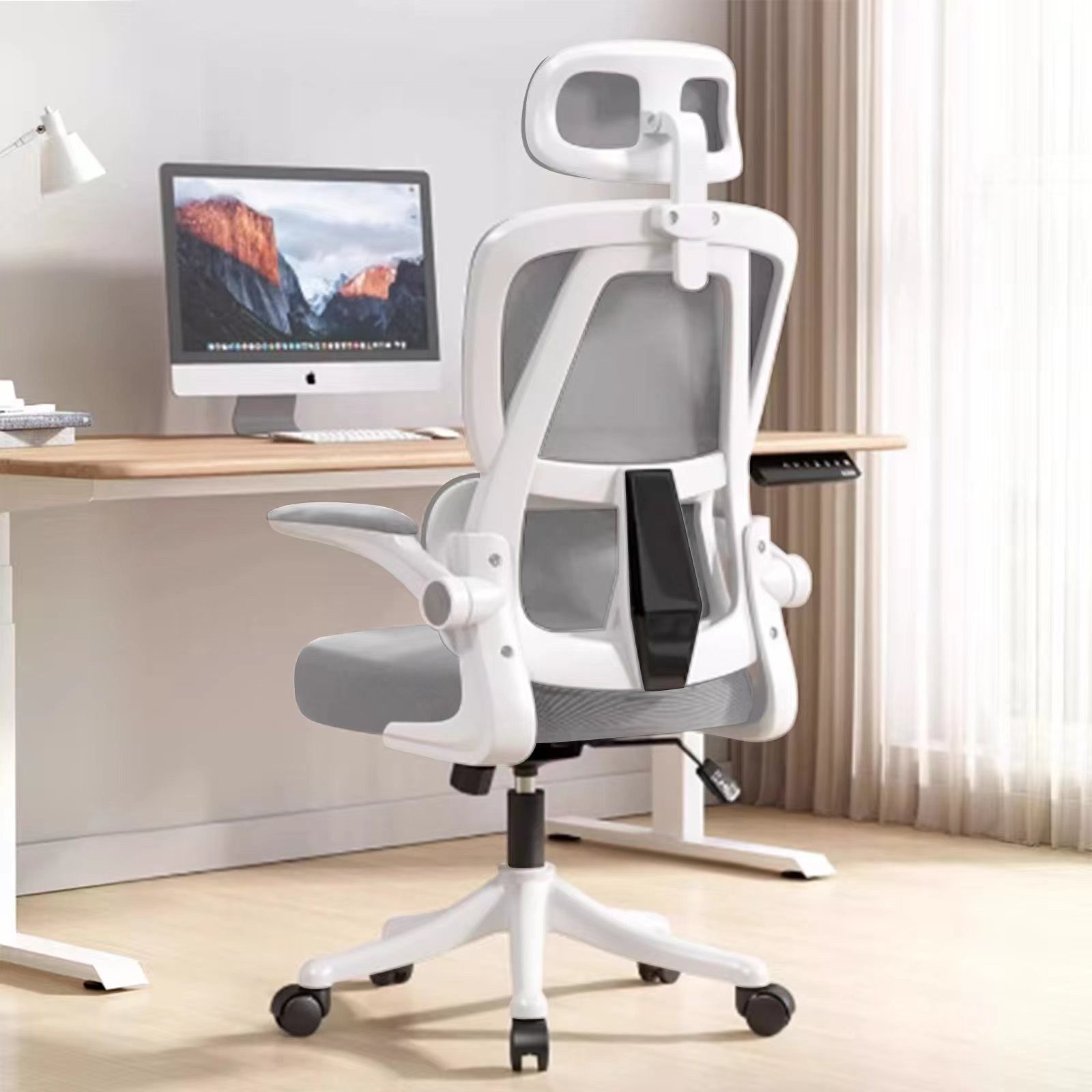 HDHNBA Schreibtischstuhl ergonomisch mit verstellbarer Kopfstütze & klappbaren Armlehnen (1 St), Bürostuhl mit hoher Rückenlehne, Drehstuhl für Home-Office