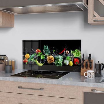 DEQORI Küchenrückwand 'Sauberes Obst und Gemüse', Glas Spritzschutz Badrückwand Herdblende