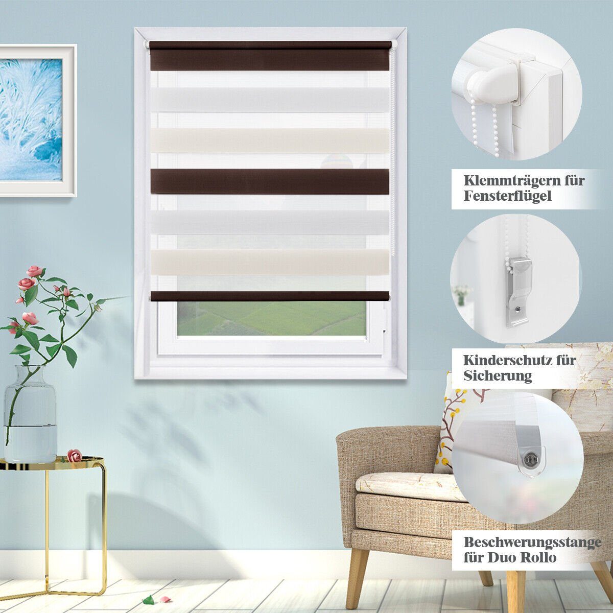 Doppelrollo ohne Bohren 130cm/150cm/230cm, OUBO, freihängend, Klemmfix, rollo für Fenster und Tür mit Klemmträger Lichtschutz und Sichtschutz – Bild 4 von 5
