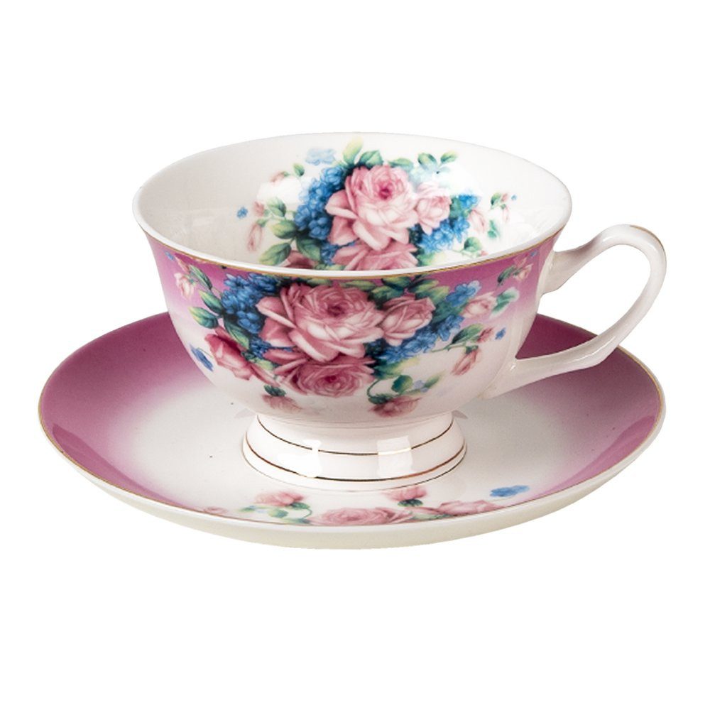 Clayre & Eef Tasse Romantisch Clayre & Eef Tasse und Untertasse Rosa Rosen 200ml