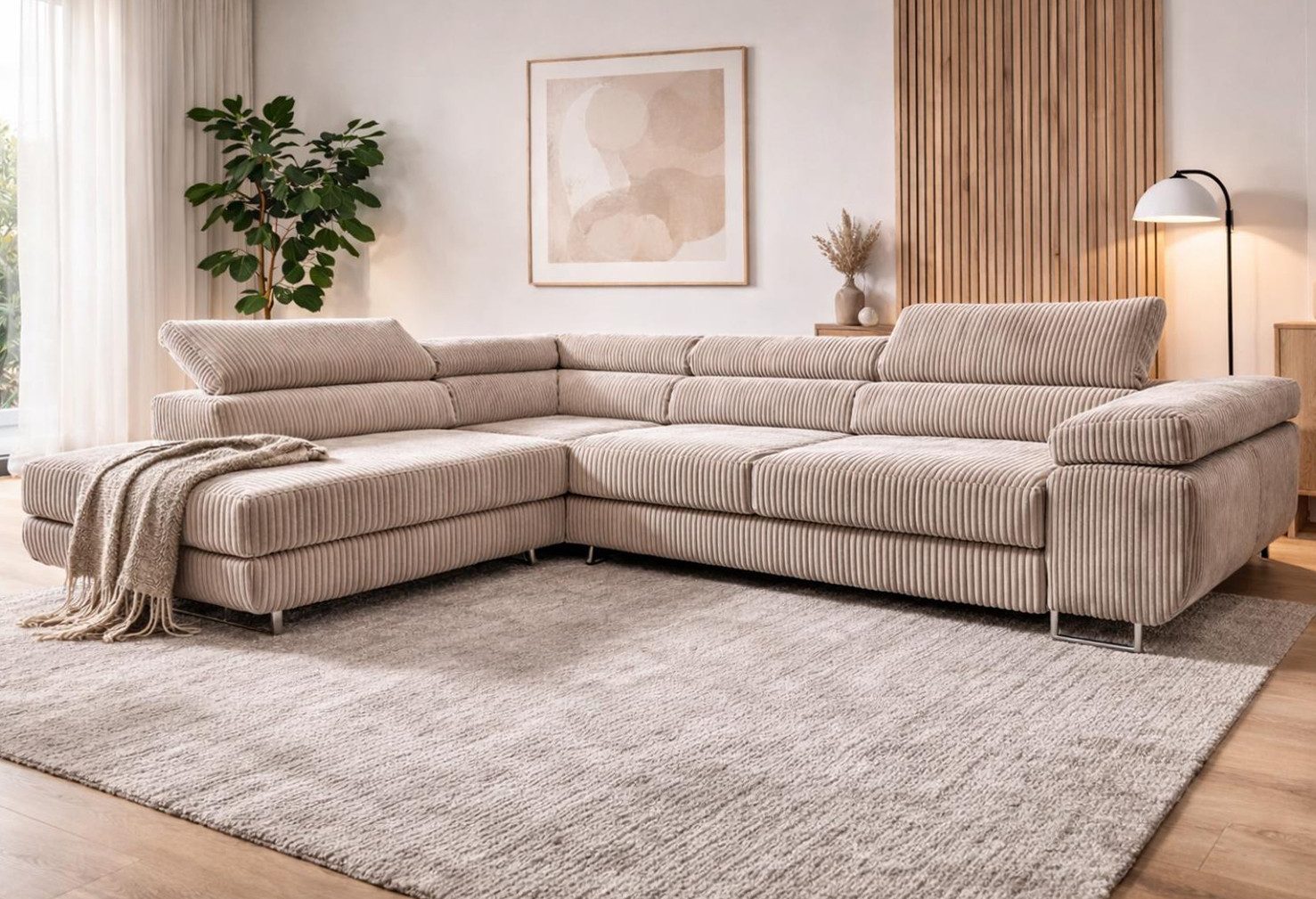 Compleo Ecksofa Einstellbare Kopfstützen, Schlaffunktion, Cordstoff FERRO, 274x203x70-90 cm