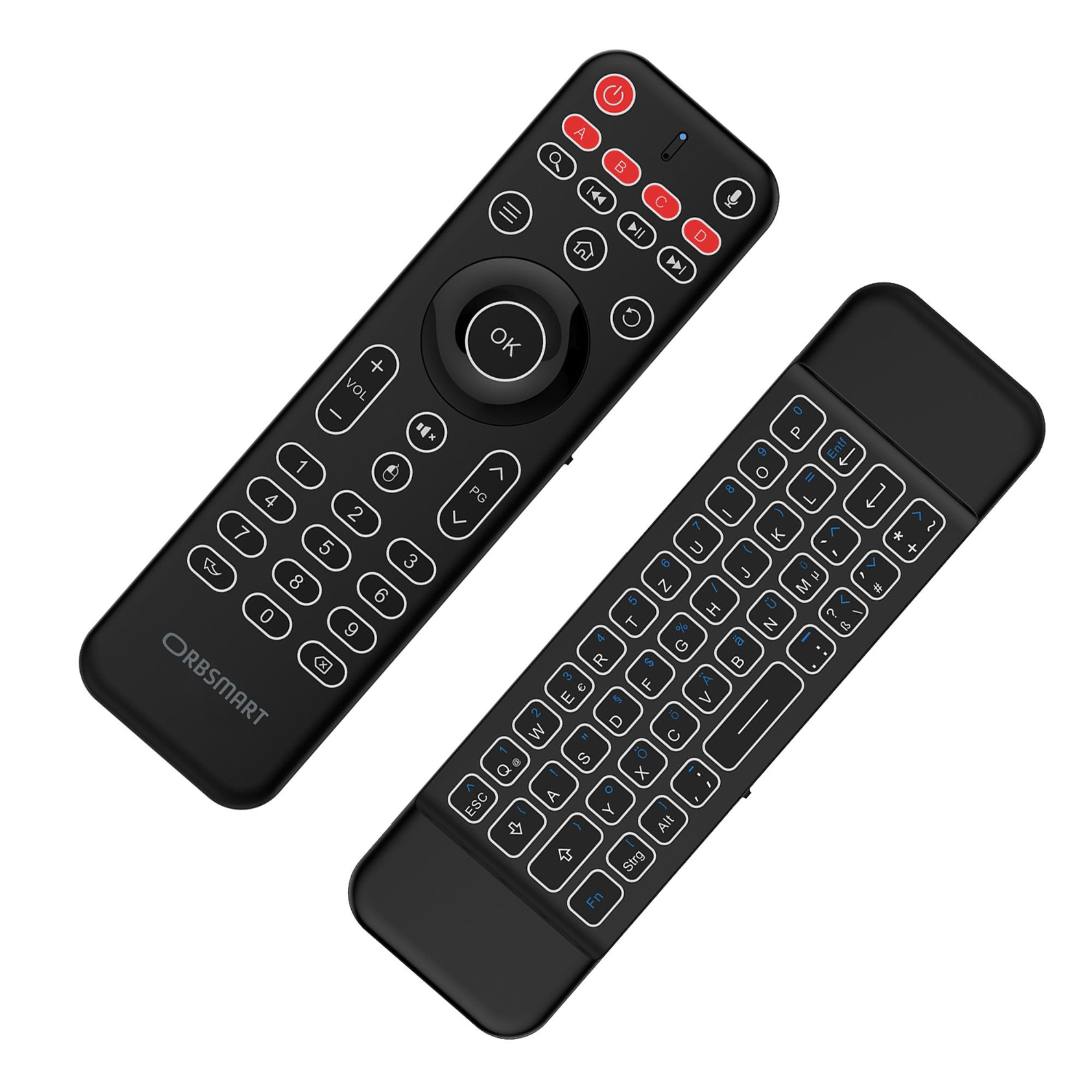Orbsmart AM-1 Pro Airmouse Fernbedienung mit Wireless-Tastatur (kabellos, deutsches Layout (QWERTZ), LED-Beleuchtung, Mikrofon)