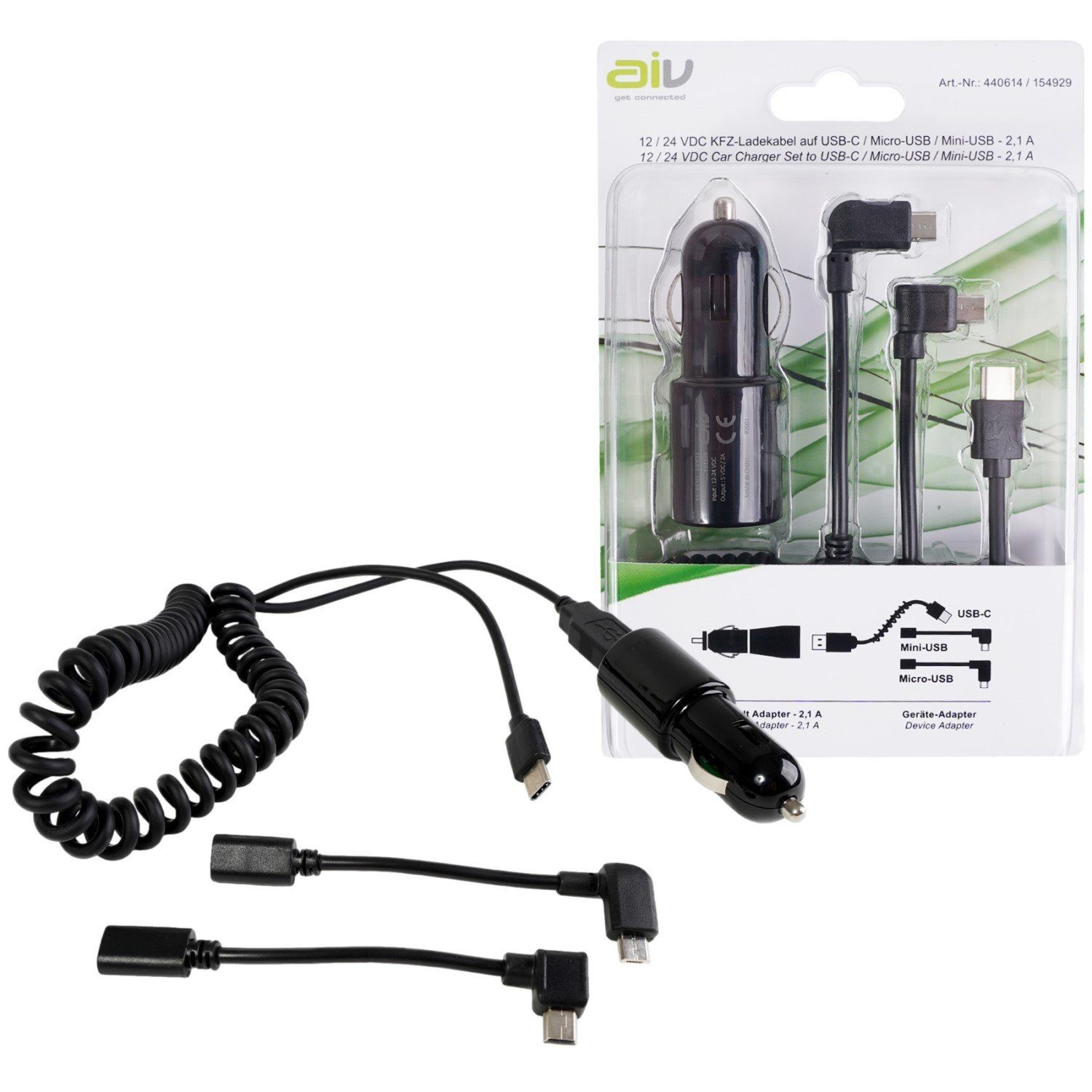 AIV KFZ 12V 24V USB-C Ladekabel Spiral-Kabel Smartphone-Ladegerät