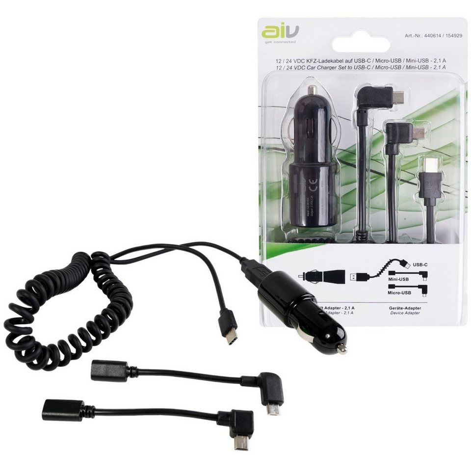 AIV KFZ 12V 24V USB-C Ladekabel Spiral-Kabel Smartphone-Ladegerät (Inkl.  Lade-Adapter USB Typ C + Micro-USB + Mini-USB, für PKW Auto etc)