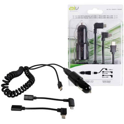 AIV KFZ 12V 24V USB-C Ladekabel Spiral-Kabel Smartphone-Ladegerät (Inkl. Lade-Adapter USB Typ C + Micro-USB + Mini-USB, für PKW Auto etc)
