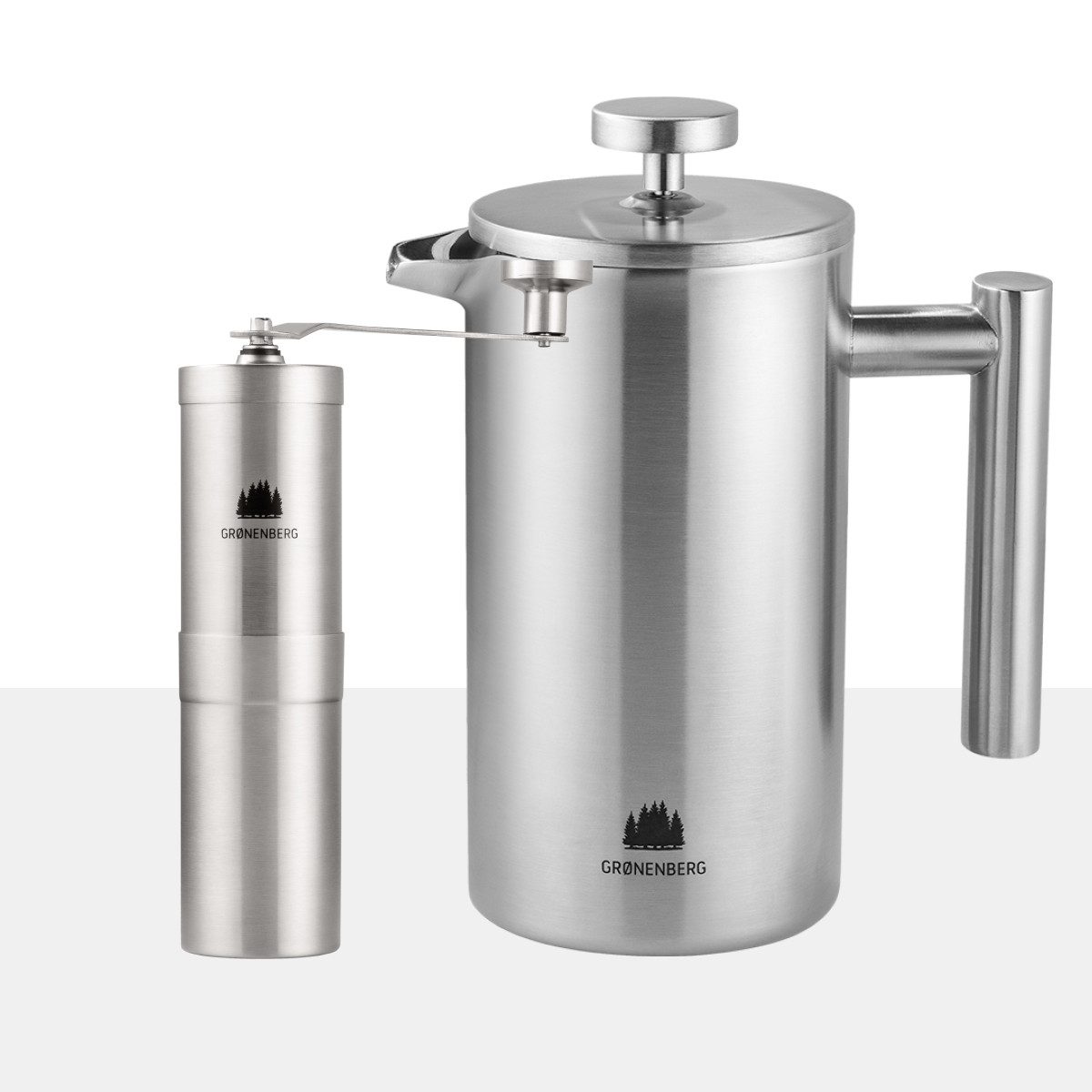 GRØNENBERG French Press Kanne Spar Set 1: Manuelle Kaffeemühle + French Press (350, 600, 1000ml), Edelstahl Kaffeebereiter mit Thermo Effekt & inkl. Ersatz Filter