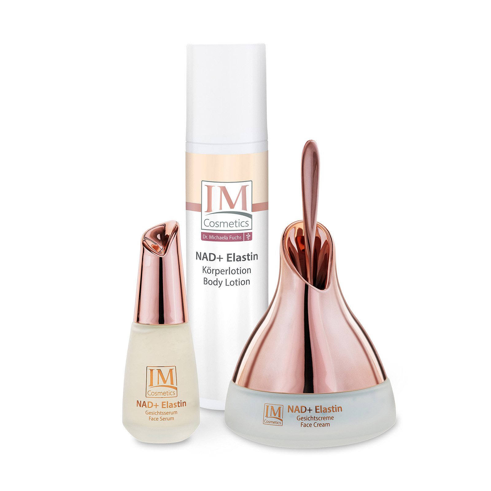 Genius Hautpflege-Set IM Cosmetics NAD+ Elastin Anti‑Aging Serum, Creme & Körperlotion 3 tlg. Set, Fördert Kollagen- und Elastinproduktion