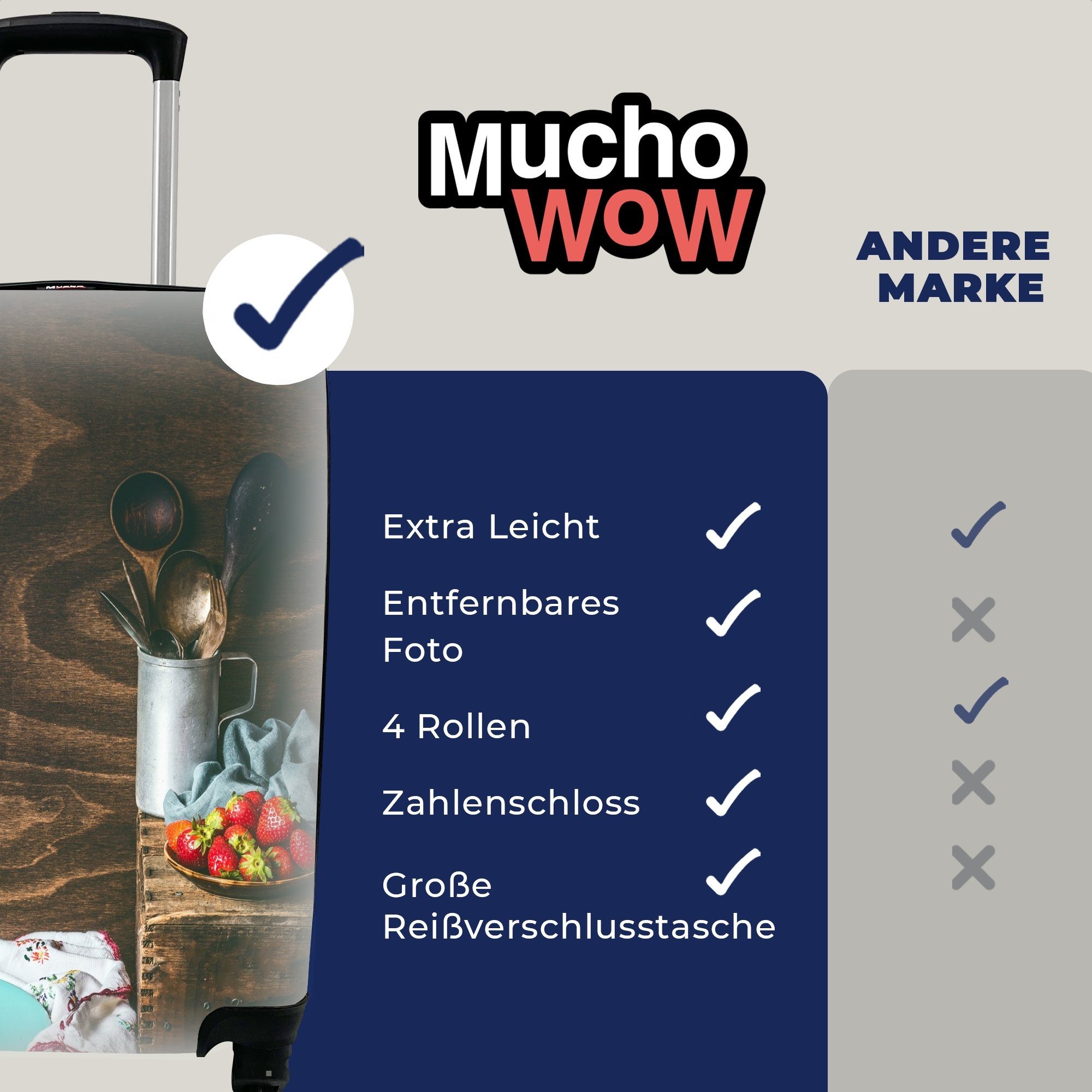 Obst Trolley, Handgepäck - Reisetasche MuchoWow rollen, Rollen, für mit Ferien, Küchenutensilien Handgepäckkoffer Rustikal Erdbeere, - 4 - Reisekoffer