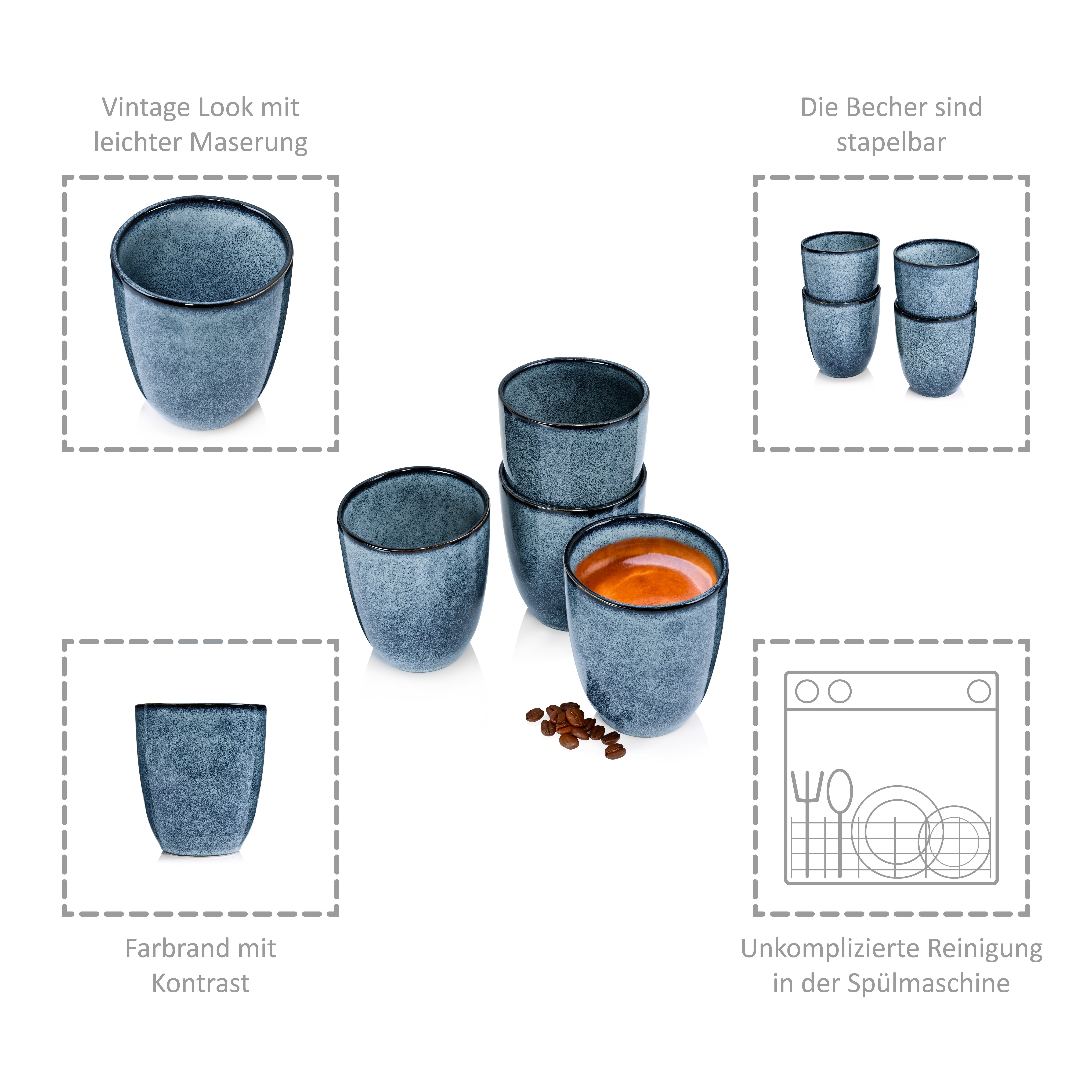 SÄNGER Becher Darwin Kaffeebecher ohne Henkel Set, 4-tlg., Steingut, Handmade, 300 ml, Blau, Premium Collection