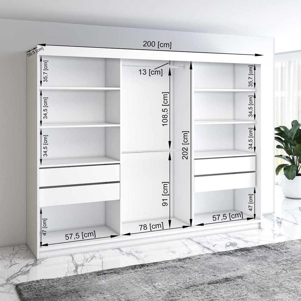 A&J MöbelLand GmbH Schiebetürenschrank VELTURO 2 mit 4 Schubladen und Spiegel (TOP ANGEBOT! Geräumiger Schrank mit einer Breite von 200 cm und Spiegel, ideal zur Aufbewahrung von Kleidung und Accessoires. 4 Schubladen und viel Stauraum. TOP PRODUKT! Wählen Sie das ideale Modell für Ihr Schlafzimmer!, Inclusive 4 Schubladen) Breite: 200 cm, Höhe: 215 cm, Tiefe: 59,5 cm