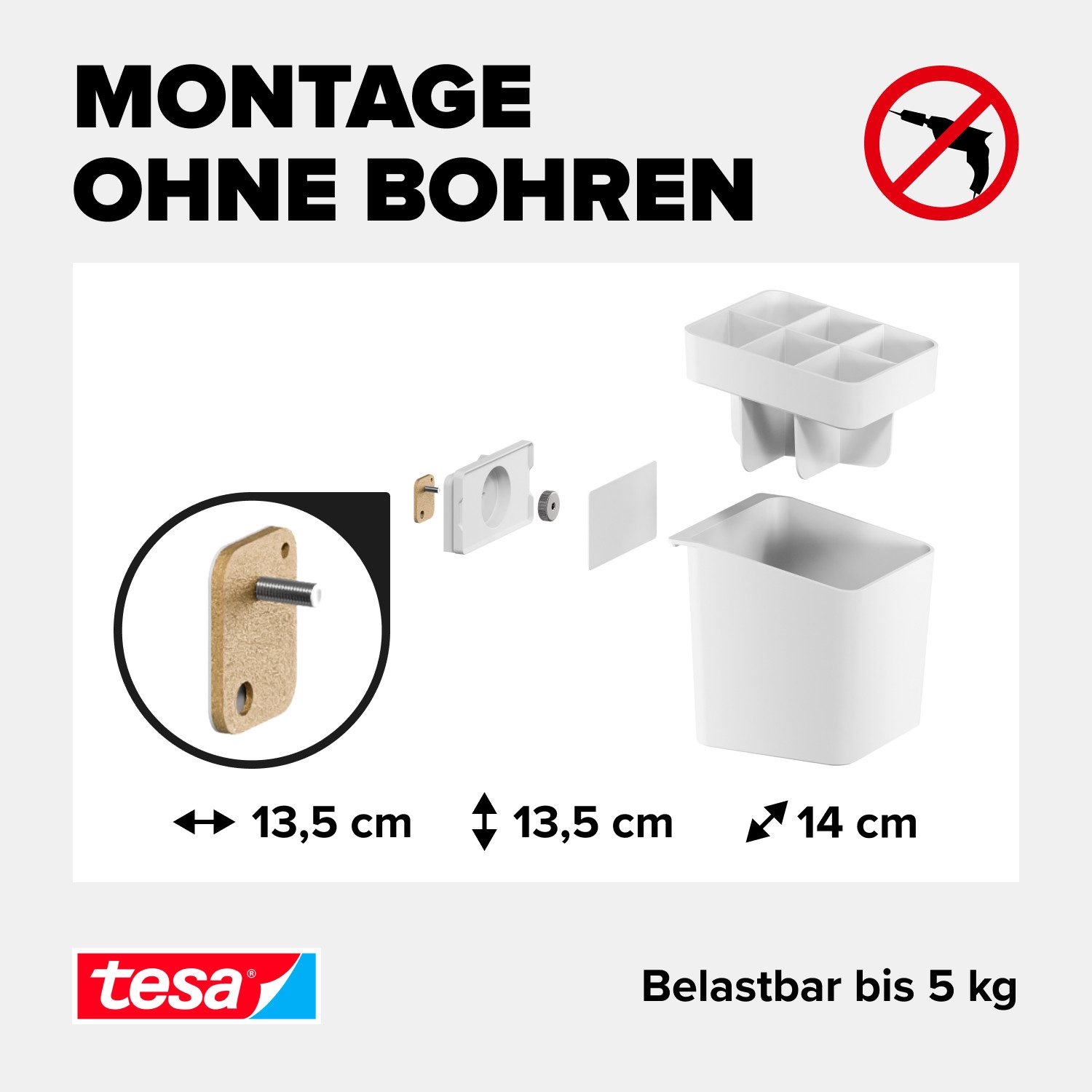 tesa Besteckhalter tesa Küchenzubehör Utensilienhalter - selbstklebende Küchen-Halterung, (Komplett-Set, 2-tlg., Utensilienbehälter, Adapter, tesa Power.Kit Klebelösung, Wasserwaage), Wandhalterung für Küchenutensilien, Montage ohne Bohren