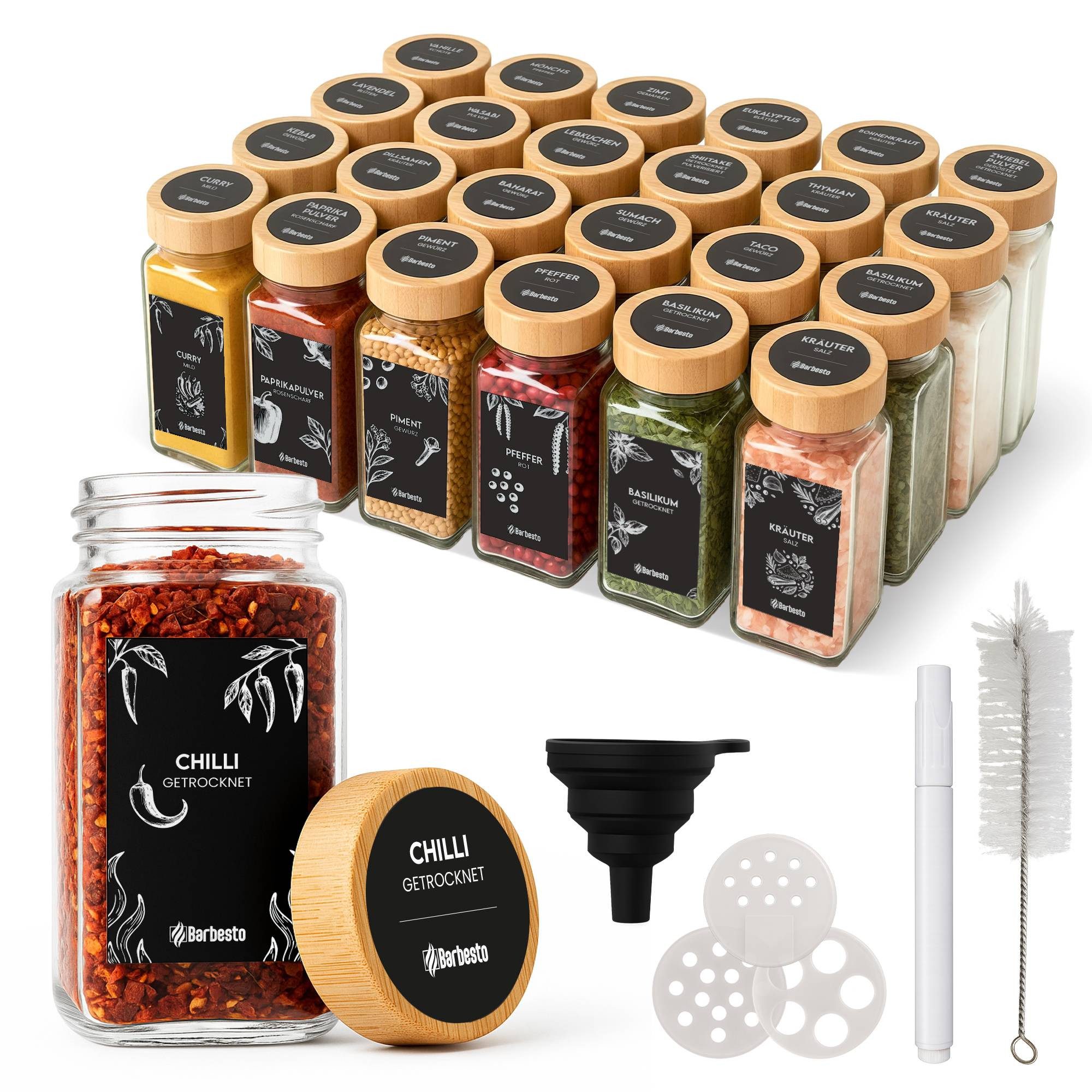 CLP Aufbewahrungsbox Gewürzgläser (Kombi Set), 24er Set je 120ml, mit Streueinsätzen und Etiketten