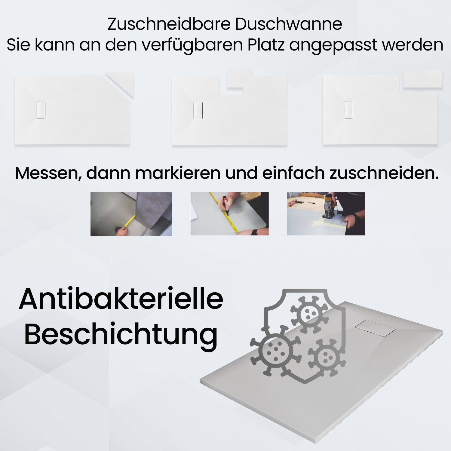 KOLMAN Duschwanne Halbrund VIDAR 80x80x3,2 Verbundwerkstoff, Steinoptik, Viertelkreis, Verbundwerkstoff, Ablaufgarnitur GRATIS