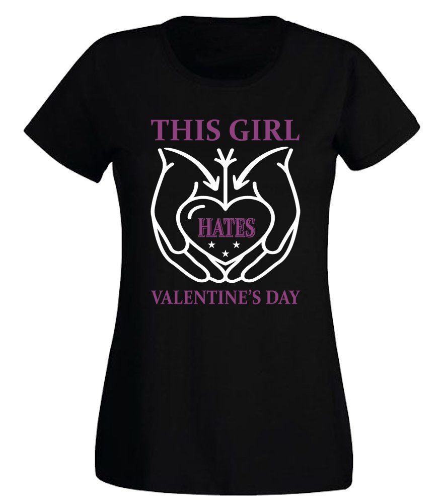 G-graphics T-Shirt Damen T-Shirt - This girl hates Valentines Day mit trendigem Frontprint, Slim-fit, Aufdruck auf der Vorderseite, Spruch/Sprüche/Print/Motiv, für jung & alt