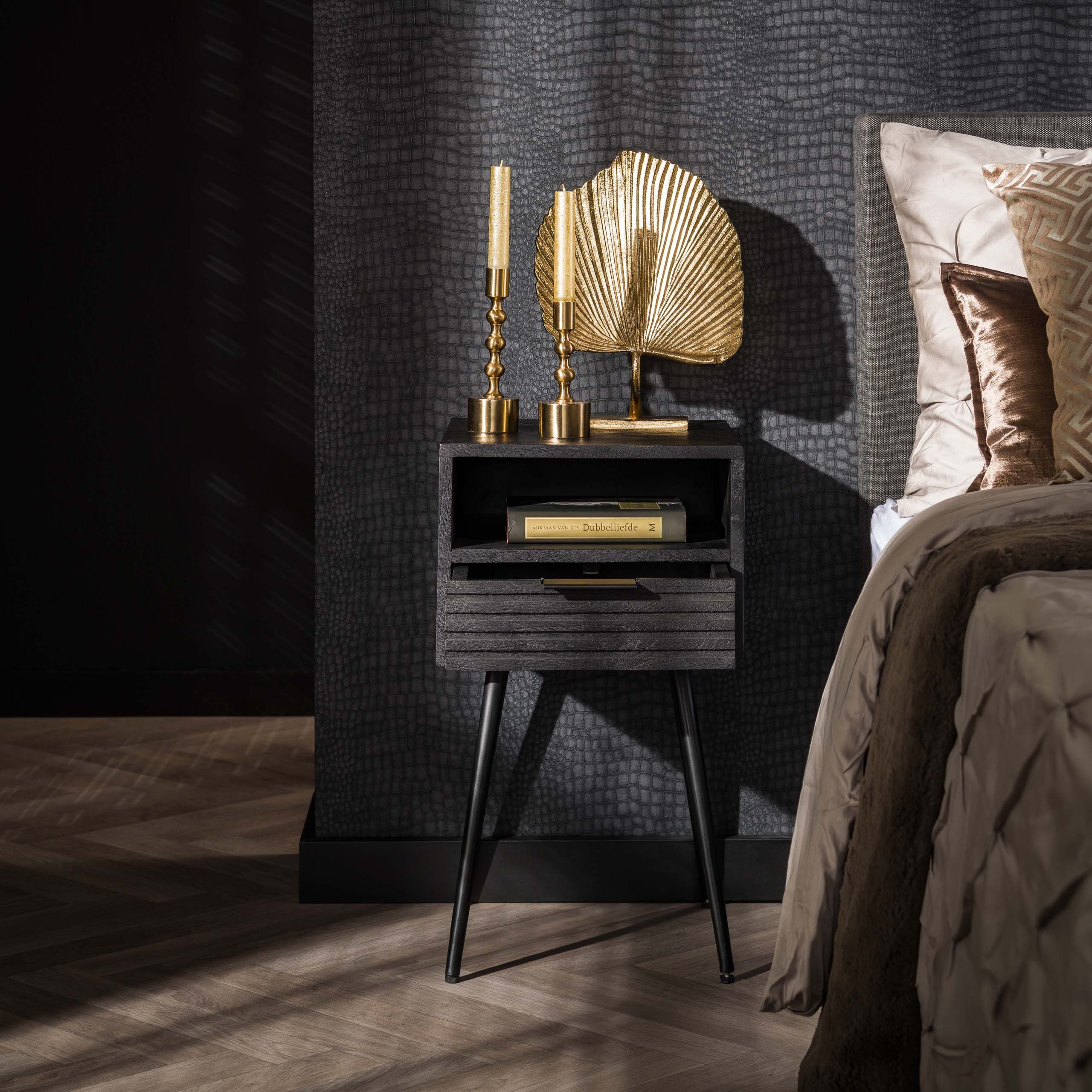Villa Möbel Nachttisch Marina (1 Tisch, 1-St), Nachttisch aus Mango Holz schwarz mit Schublade