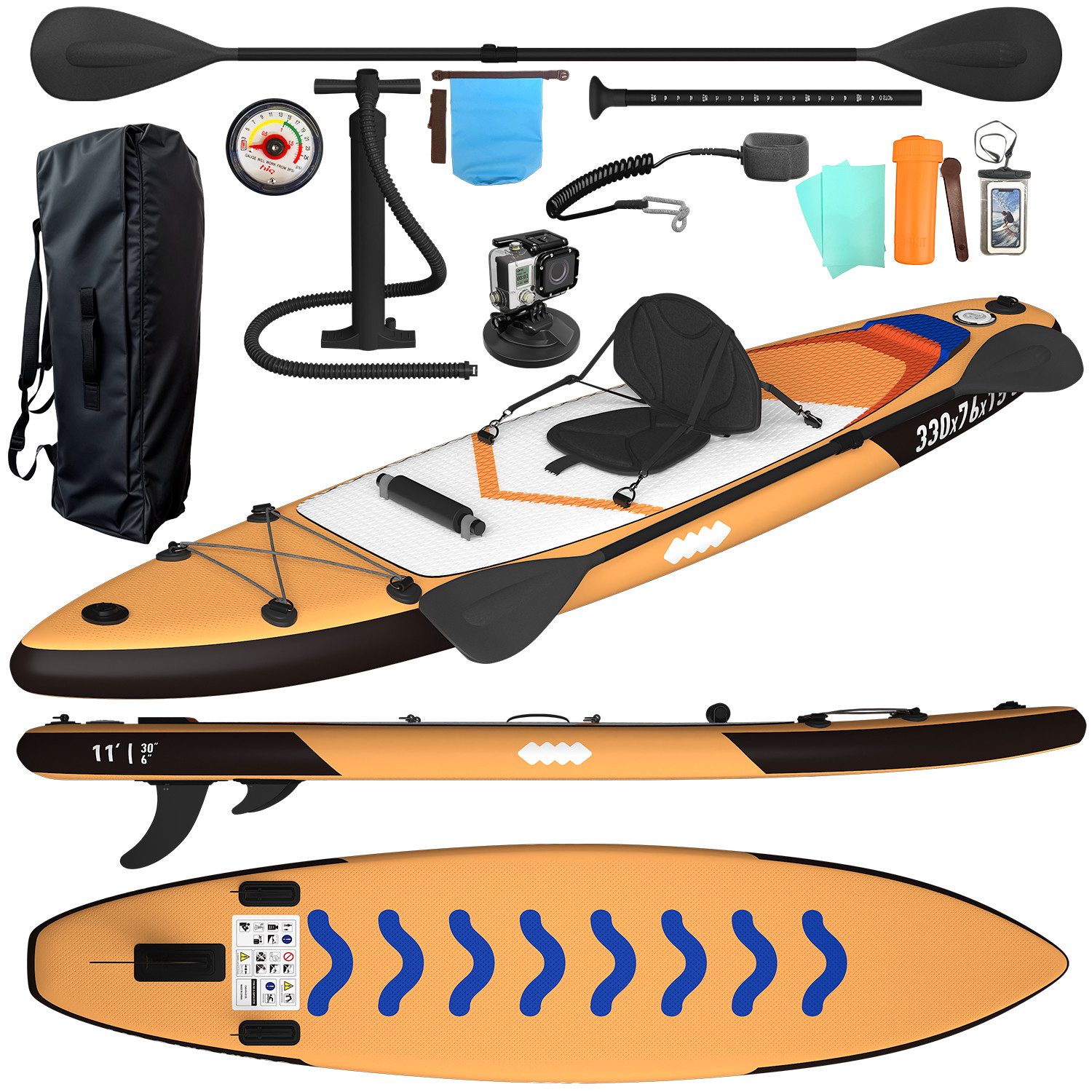 GUNJI Inflatable SUP-Board Aufblasbares 320*80*15CM stehendes Zellstoffbrett Tragfähigkeit 170KG, (Mit Kajaksitz, Rucksack, Pumpe, Doppelpaddeln, Sportkamerahalter, wasserdichter Handytasche, ideal zum Surfen, Angeln)
