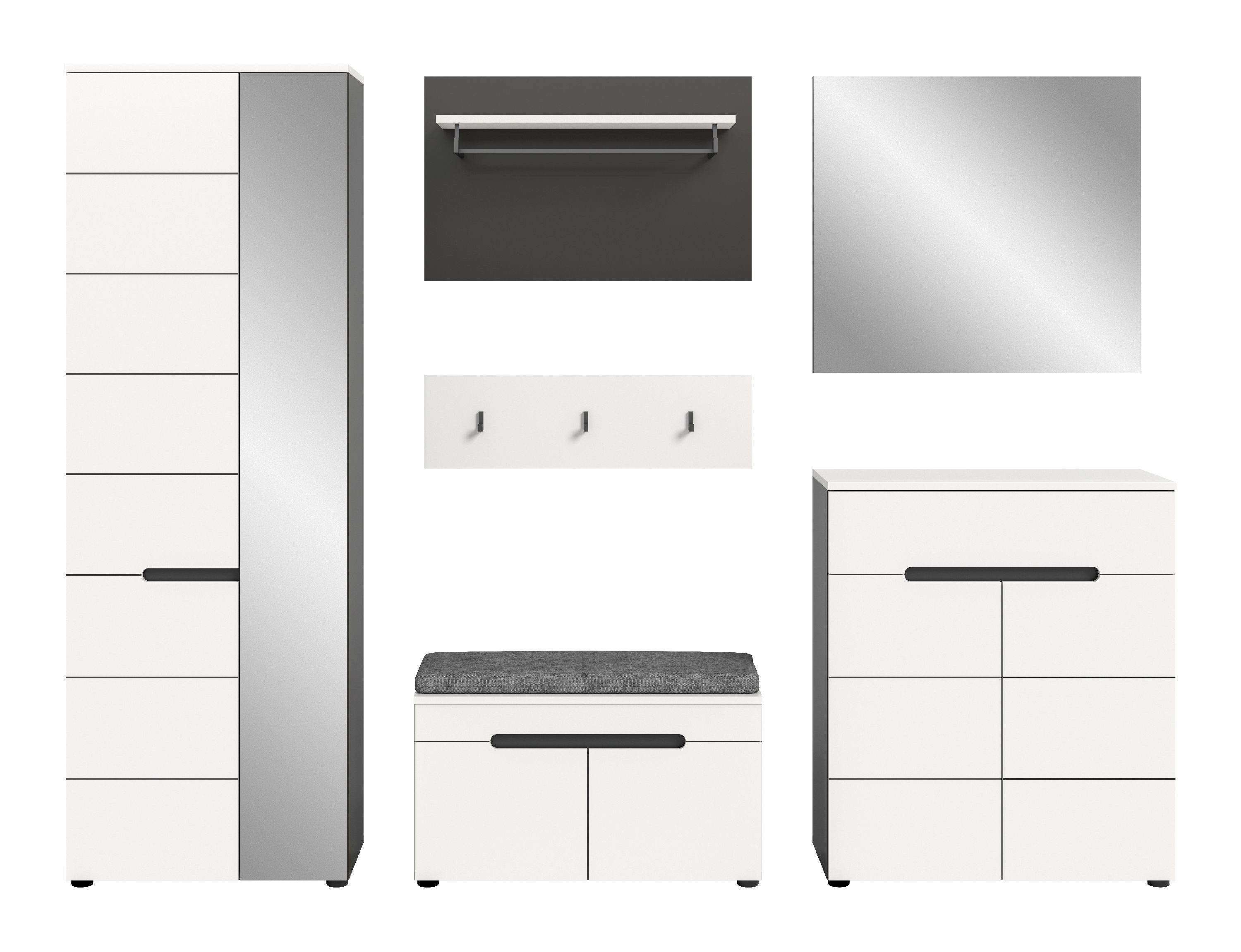 xonox.home Garderoben-Set Canu, (6tlg. Set inkl. Garderobenschrank, Sitzbank, Paneel, Schuhkommode), Basalt grau Nachbildung Melamin beschichtet modern 255x190x37 cm