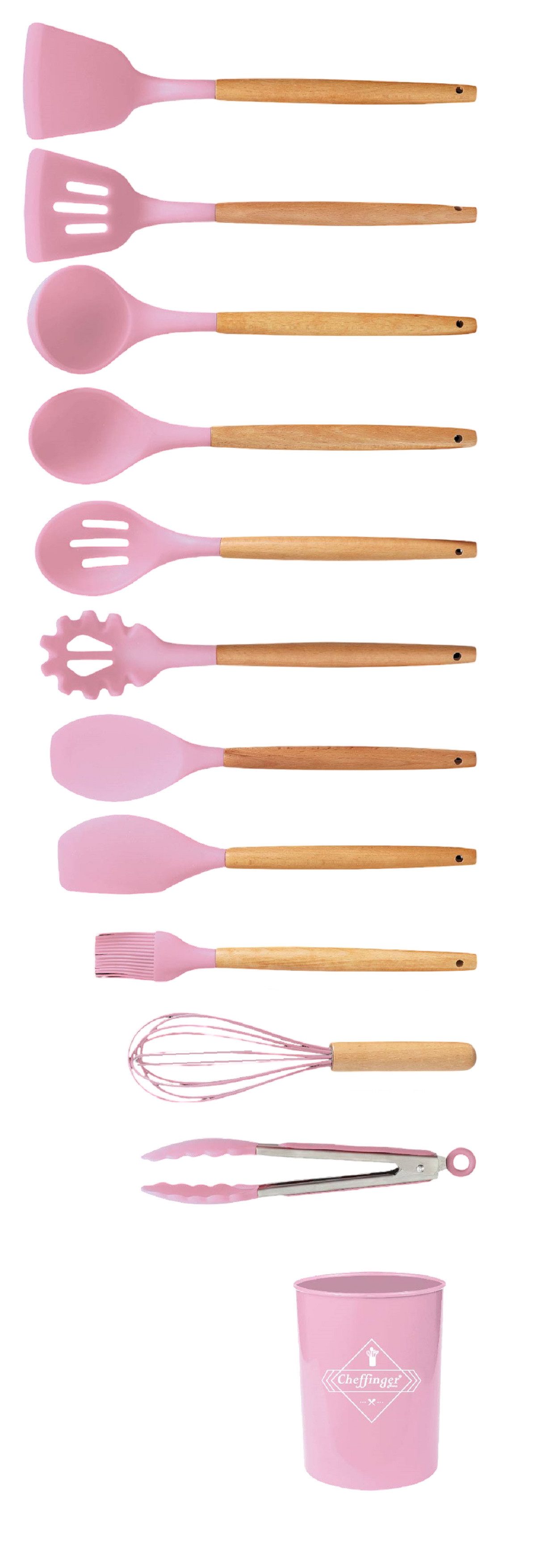 Cheffinger Kochbesteck-Set 12-tlg Küchenhelfer Kochbesteck Set Kochgeschirr Silikon Holzgriff