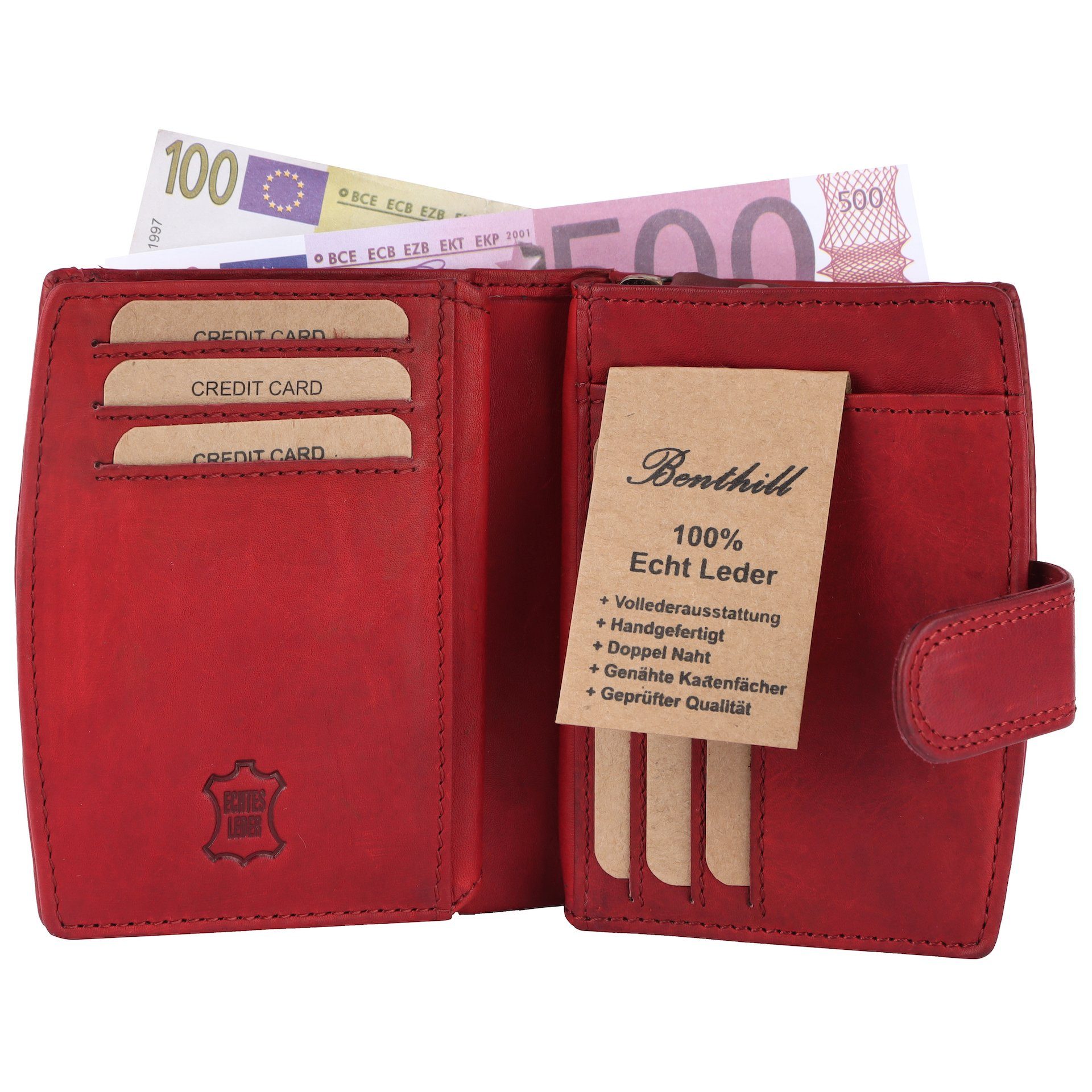 RFID Leder mit Echt Damen Reißverschlussfach vielen Kartenfächer Portemonnaie Benthill Rot Münzfach Geldbörse Geldbeutel RFID-Schutz Kartenfächer,