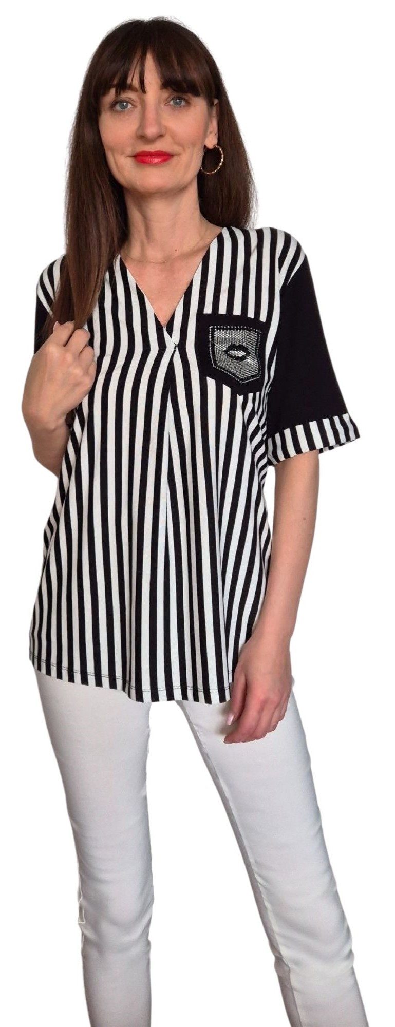 Estefania for woman Kurzarmshirt 190-1207, mit Längsstreifen und Strassbesatz Rücken länger geschnitten