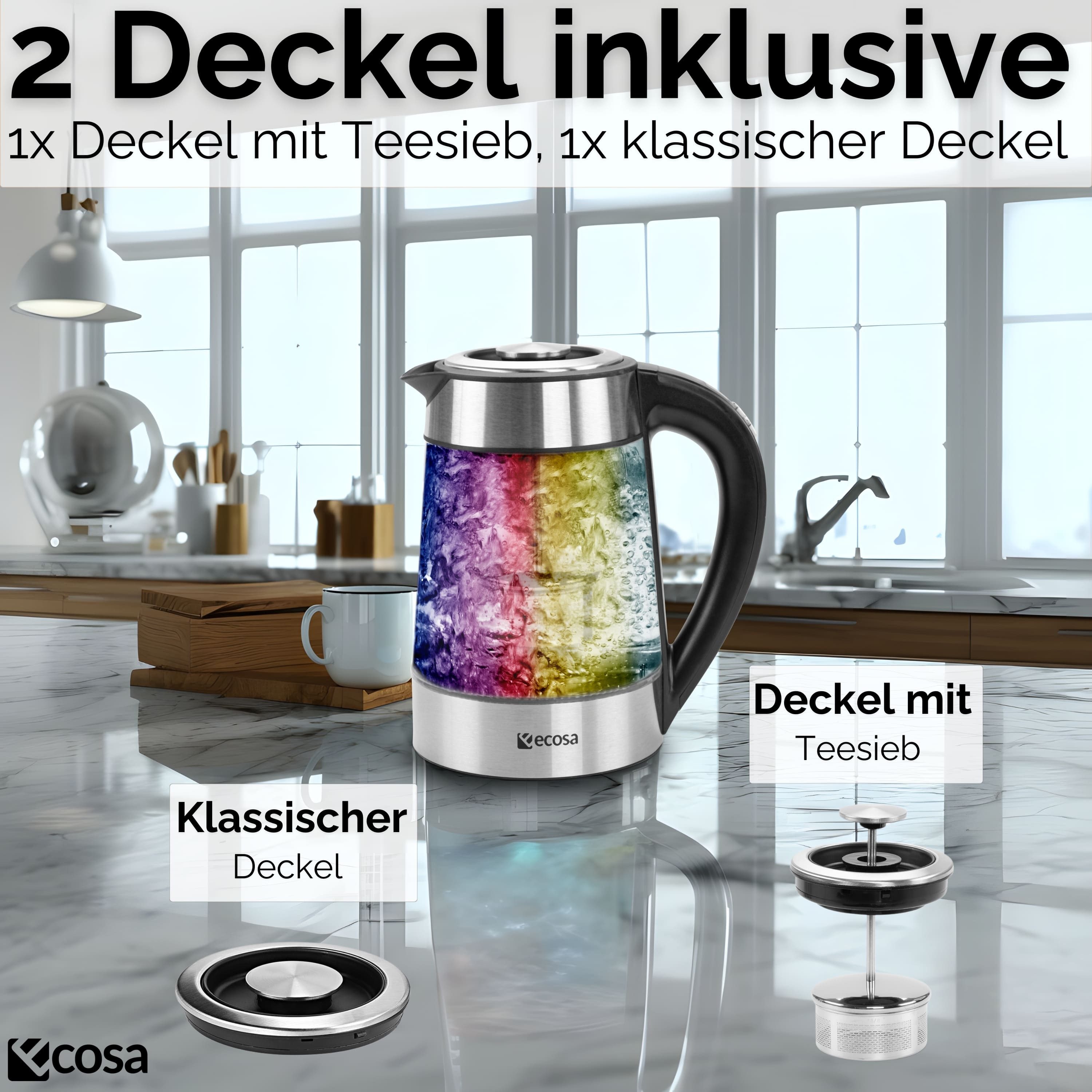 ecosa Wasserkocher EO-666, 1.7 l, 2200 W, Temperatureinstellung,LED-Beleuchtung,Edelstahl,BPA-frei,Farbwechsel