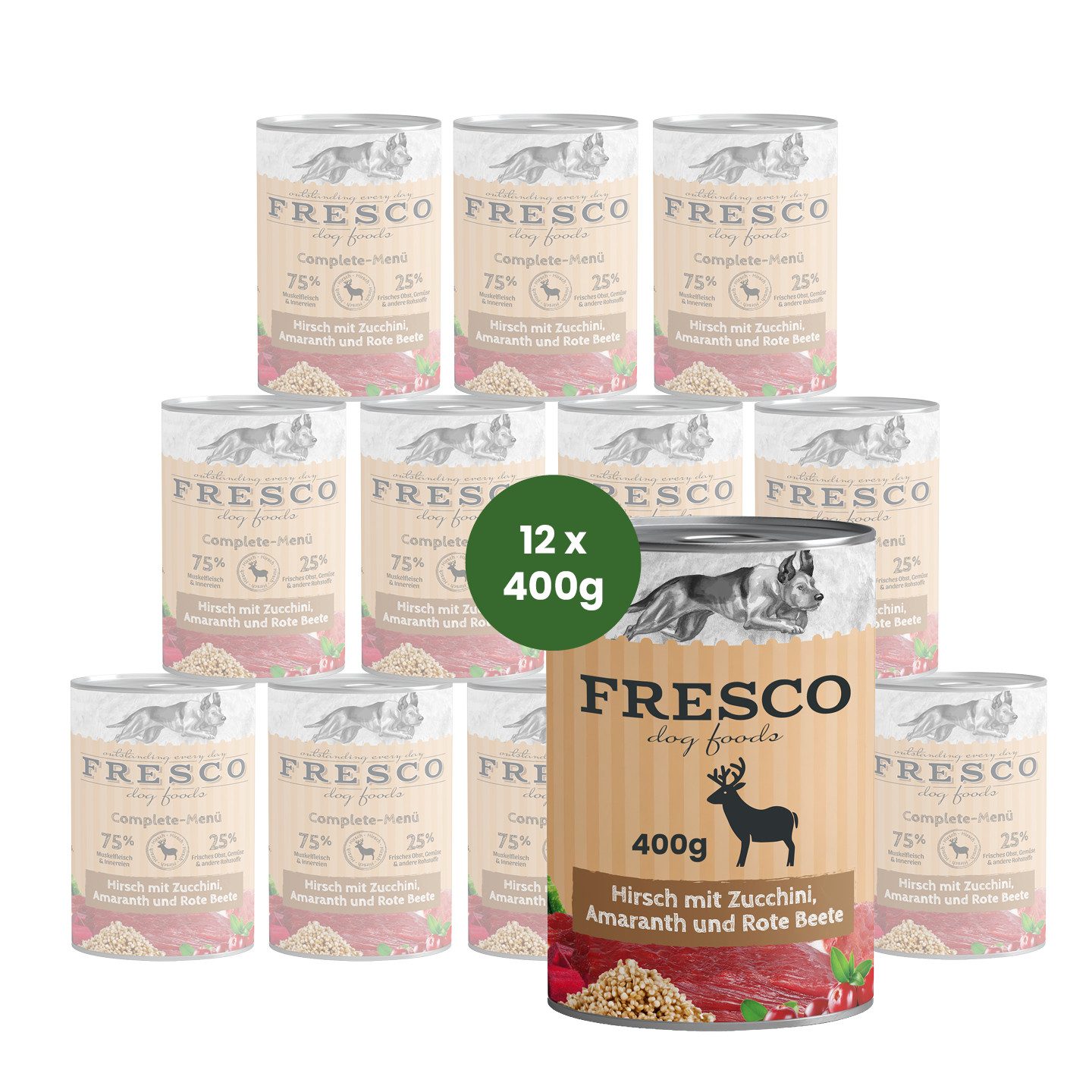 Fresco Dog NassBarf Premium Hundefutter 12x400g, Hirsch mit Rote Beete, Preiselbeeren & Amaranth, Nassfutter für: Hunde, Getreidefrei, zuckerfrei & hochverträglich