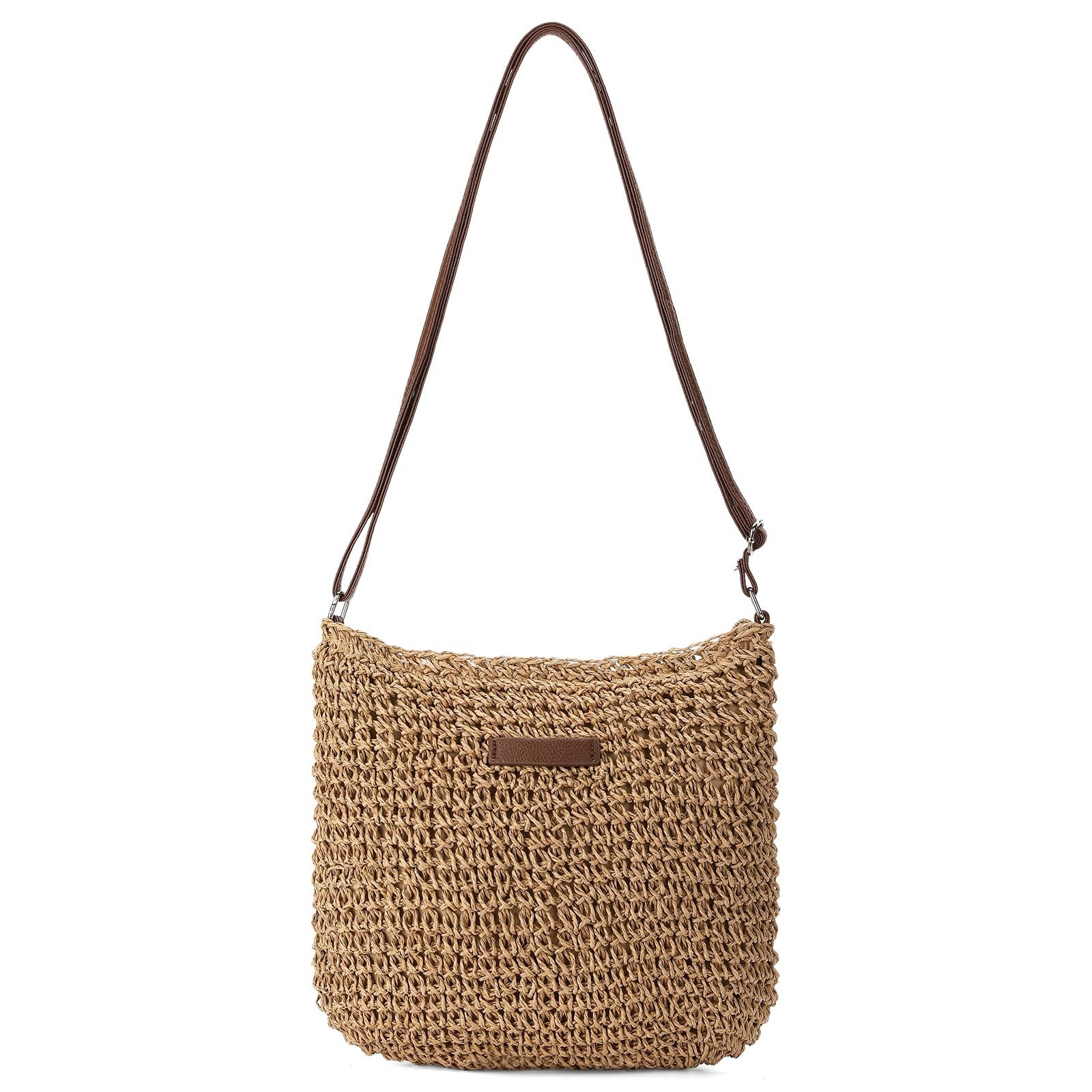 Agger Umhängetasche Stroh Handtasche Damen, Böhmische Strandtasche, Schultertasche, Strohtasche Damen Basttasche für Reisen Strand