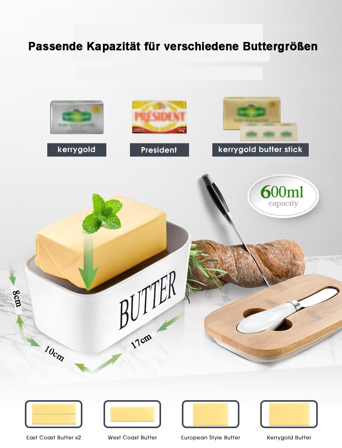 FANNOU Butterdose Große für 250g Butter mit Messer, Keramik Butterdosen, Double-Layer-Silikon-Dichtung Buttebox- Gute Küche Geschenk