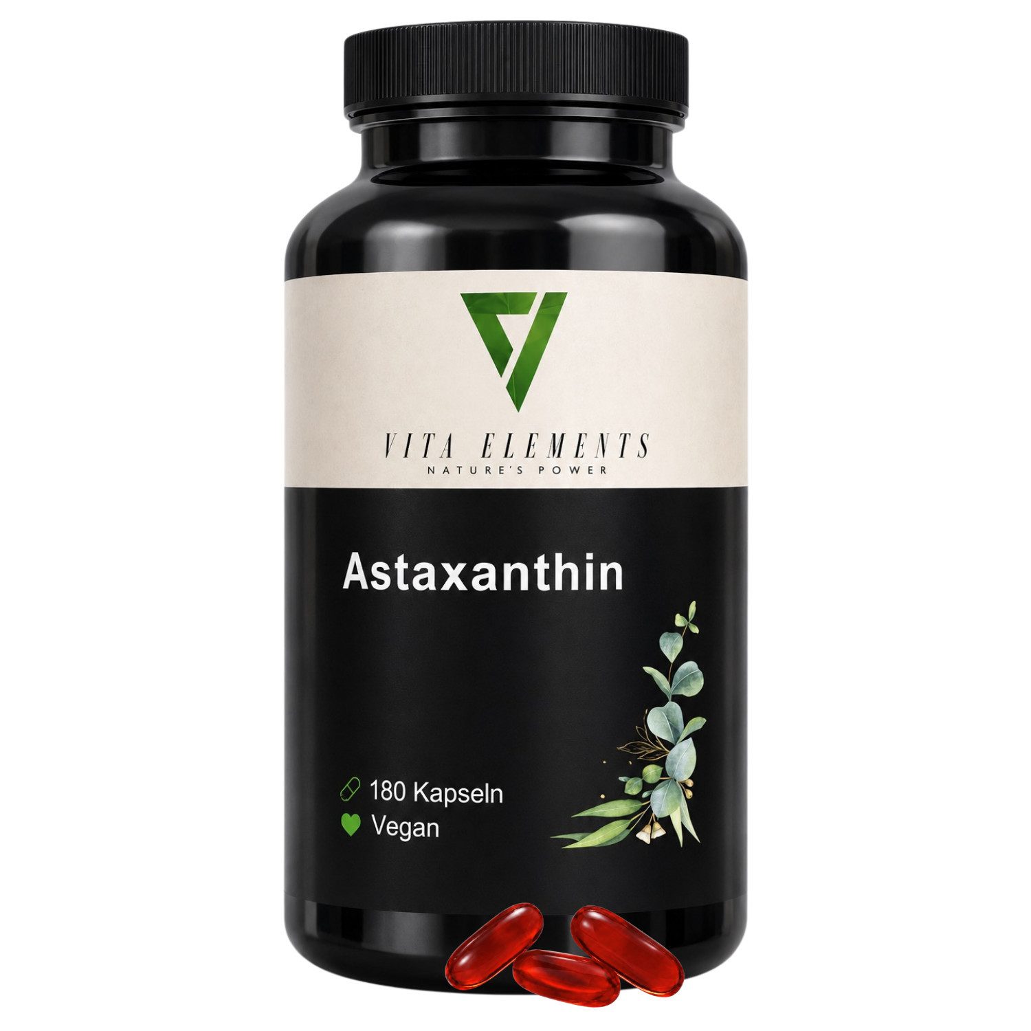 Vita Elements Astaxanthin - 12mg aus konzentriertem Algen-Oleoresin, 180 Kapseln, 1 er Packung à 180 St., Vegan, Frei von Gentechnik, Ohne Fischöl & Gelatine, Laborgeprüft