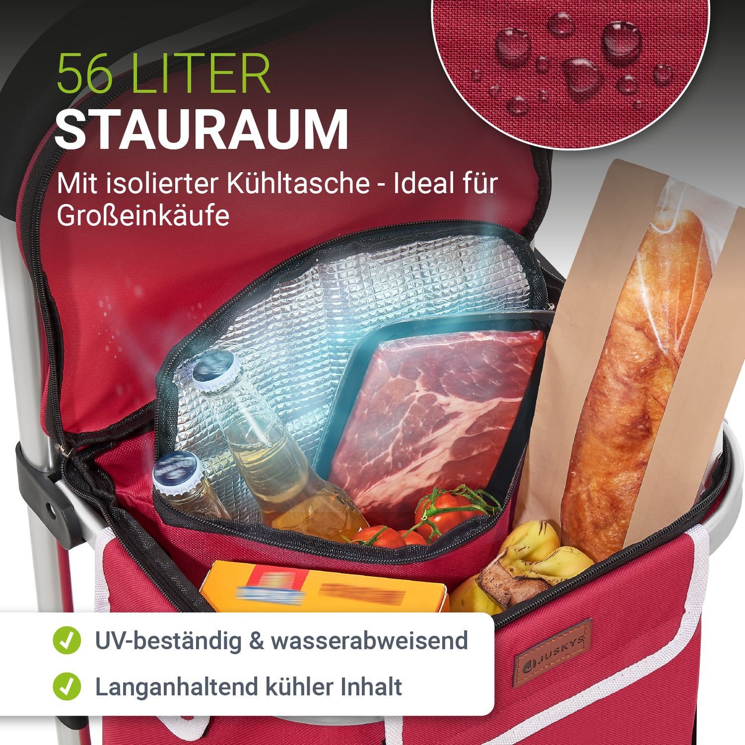 Juskys Einkaufstrolley, 56 l, 3in1 für Shopping, mit 2 Rollen, 56 L Tasche, klappbar & modern