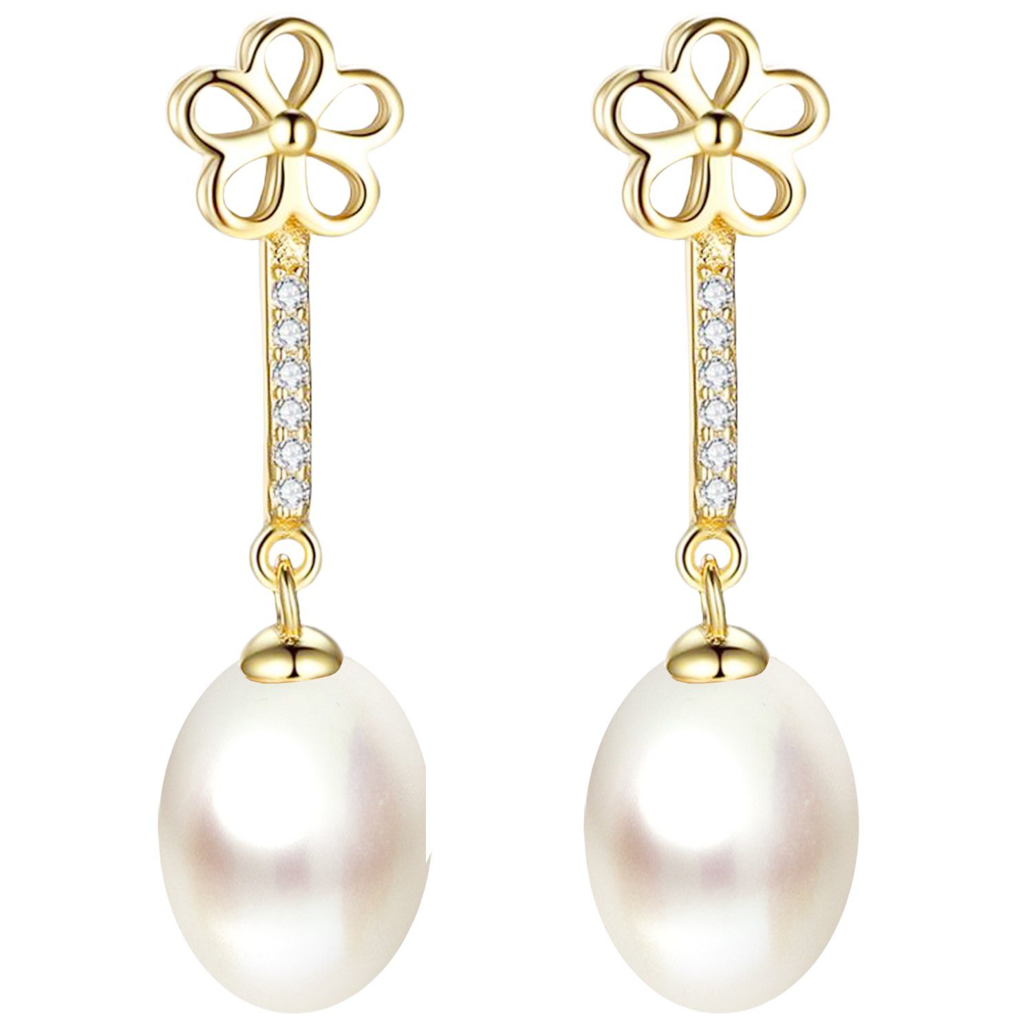 Perlenohrringe 925 Silber Gold Ohrringe Hängend Zuchtperlen Zirkonia Blume Lang weiß