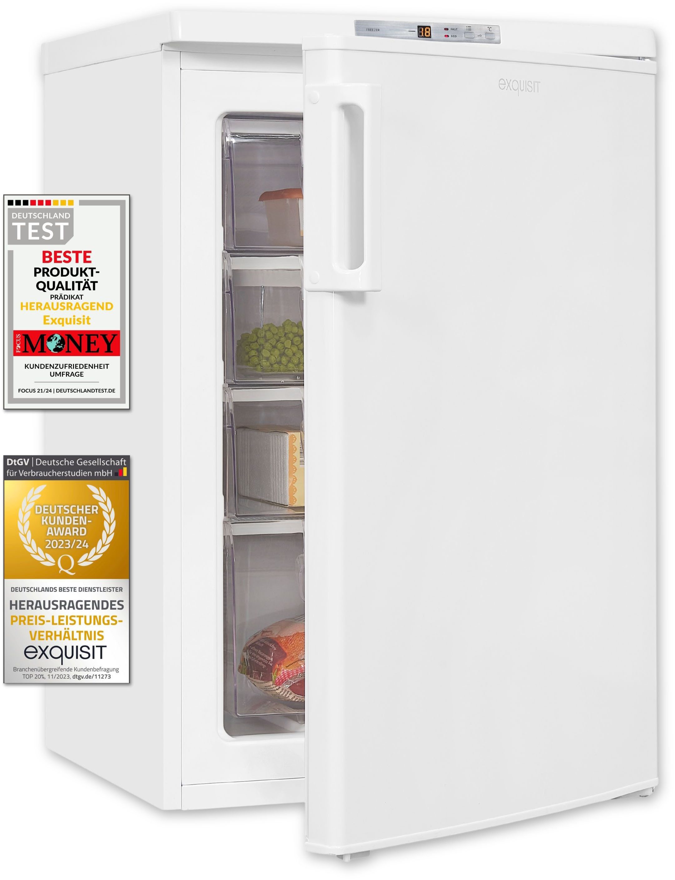 exquisit Gefrierschrank GS80-HE-040E weiss, 85,5 cm hoch, 55 cm breit, 4*-Gefrierschrank mit praktischem Griff – leicht & bequem zu öffnen