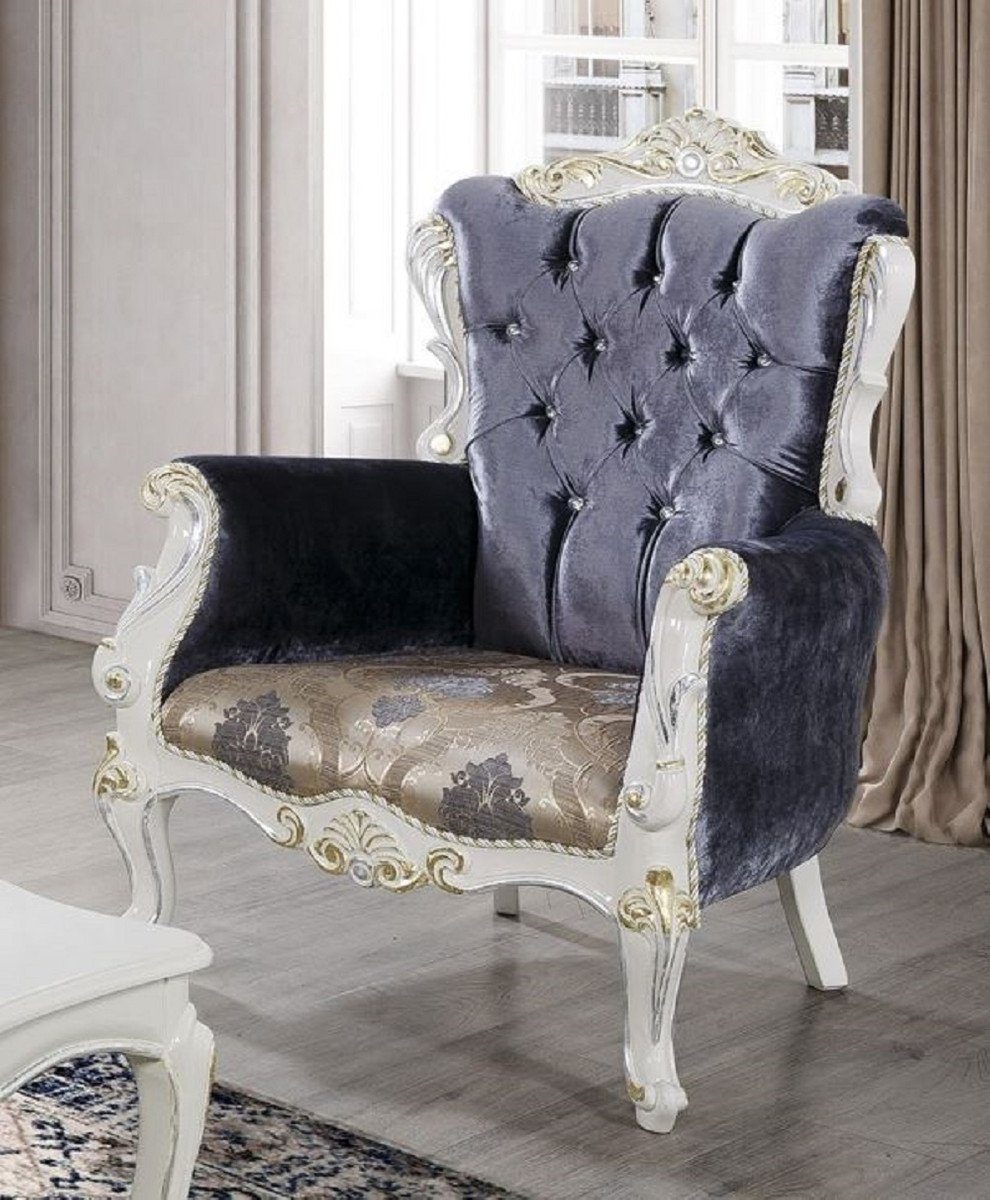 Barock Sessel Casa Sessel Gold Möbel Sessel / Mehrfarbig Prunkvoller / - Massivholz / und elegantem Padrino Muster Lila - Luxus Wohnzimmer Glitzersteinen Barock mit Wohnzimmer Weiß