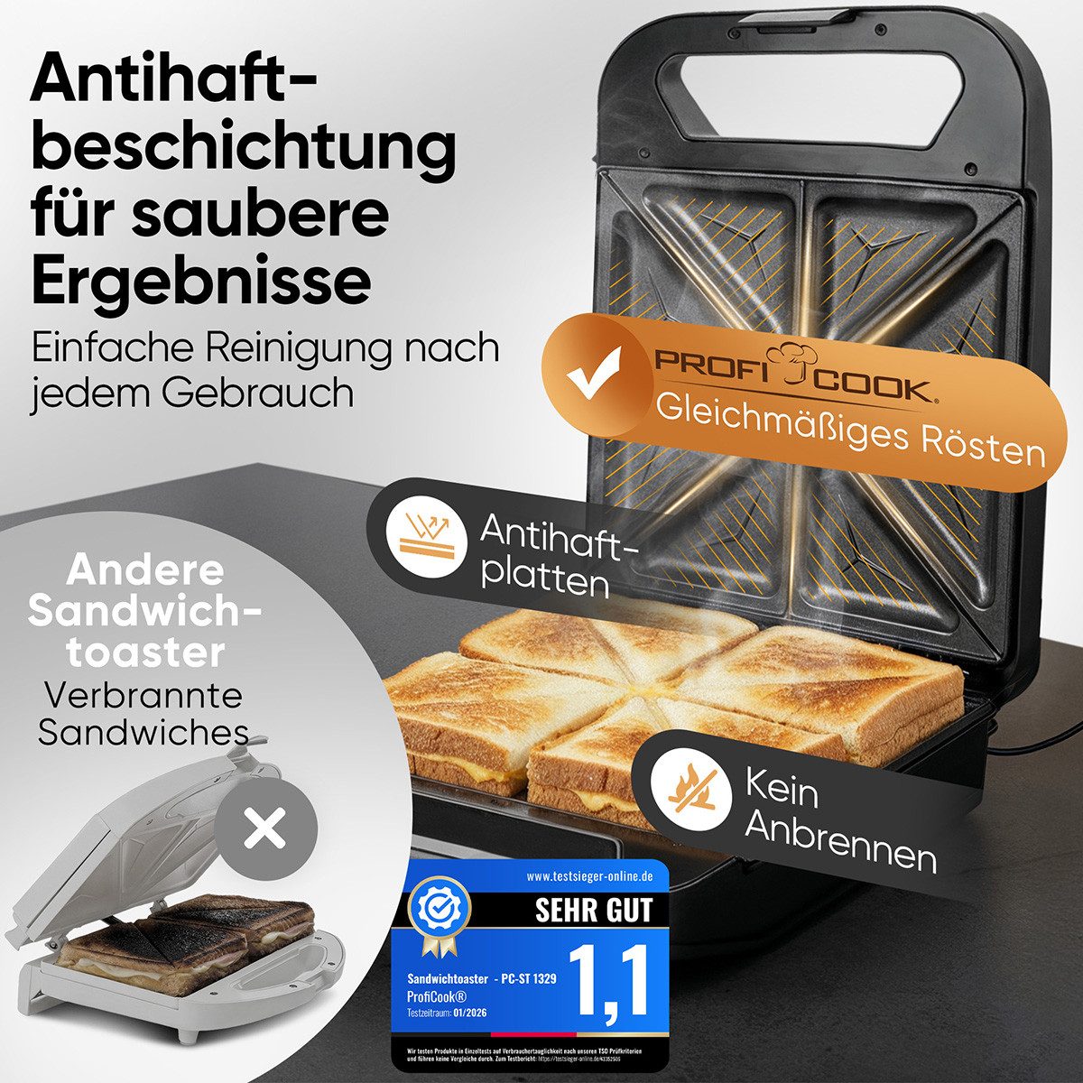 ProfiCook Sandwichmaker PC-ST 1329, Sandwichmaker für 4 Sandwiches, Antihaft, 1600W