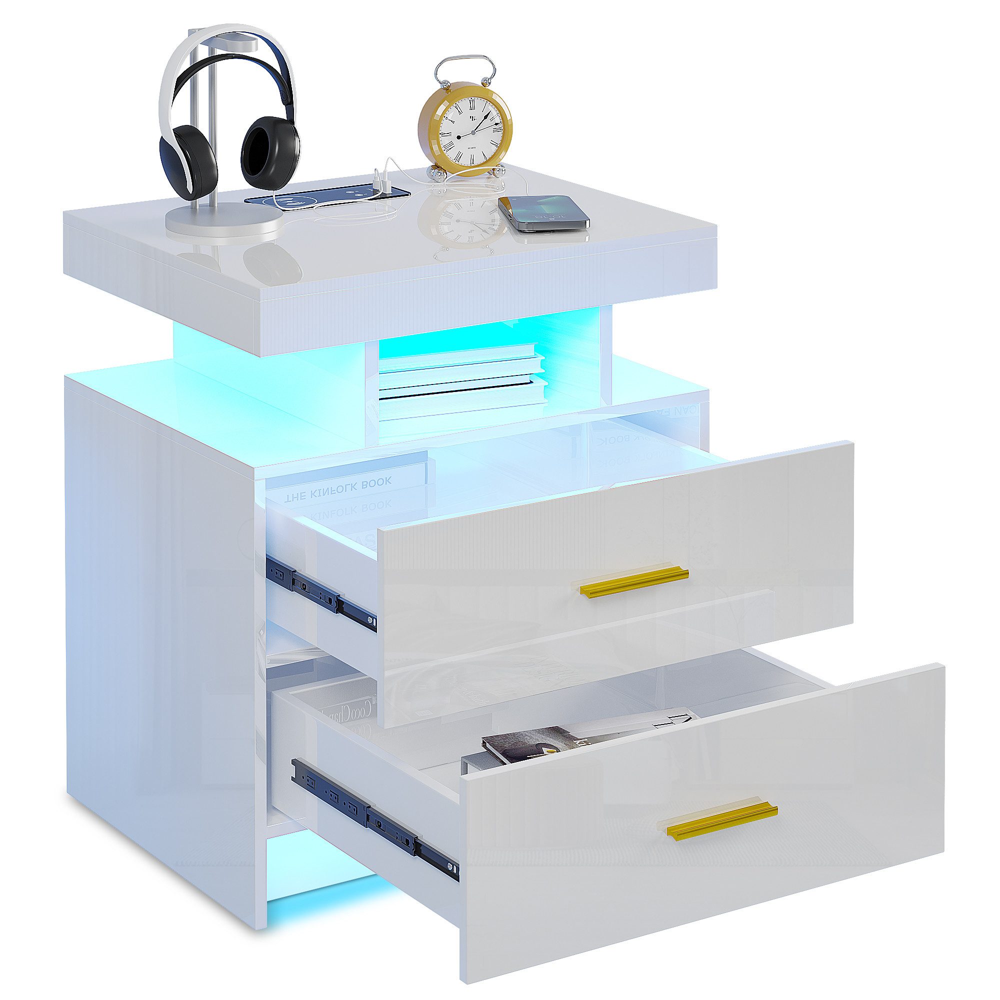 LVifur Nachttisch mit LED-Licht und Sensor, 2 Schubladen, USB&Type-C, kabelloses Laden (1-St), 3 Farben Dimmbares Licht, 40T x 50B x 58H cm, Hochglanz Weiß