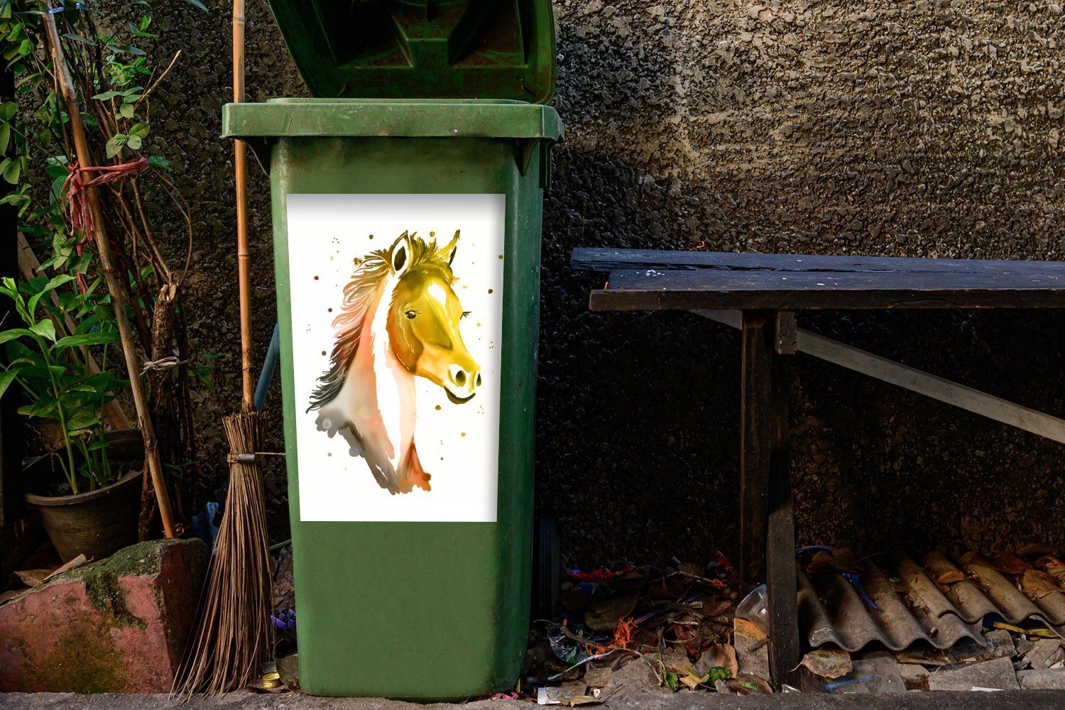 Mülltonne, - St), Pferd - Mädchen Container, Kinder Sticker, Abfalbehälter - MuchoWow - Orange Mülleimer-aufkleber, (1 - Mädchen Wandsticker Gelb