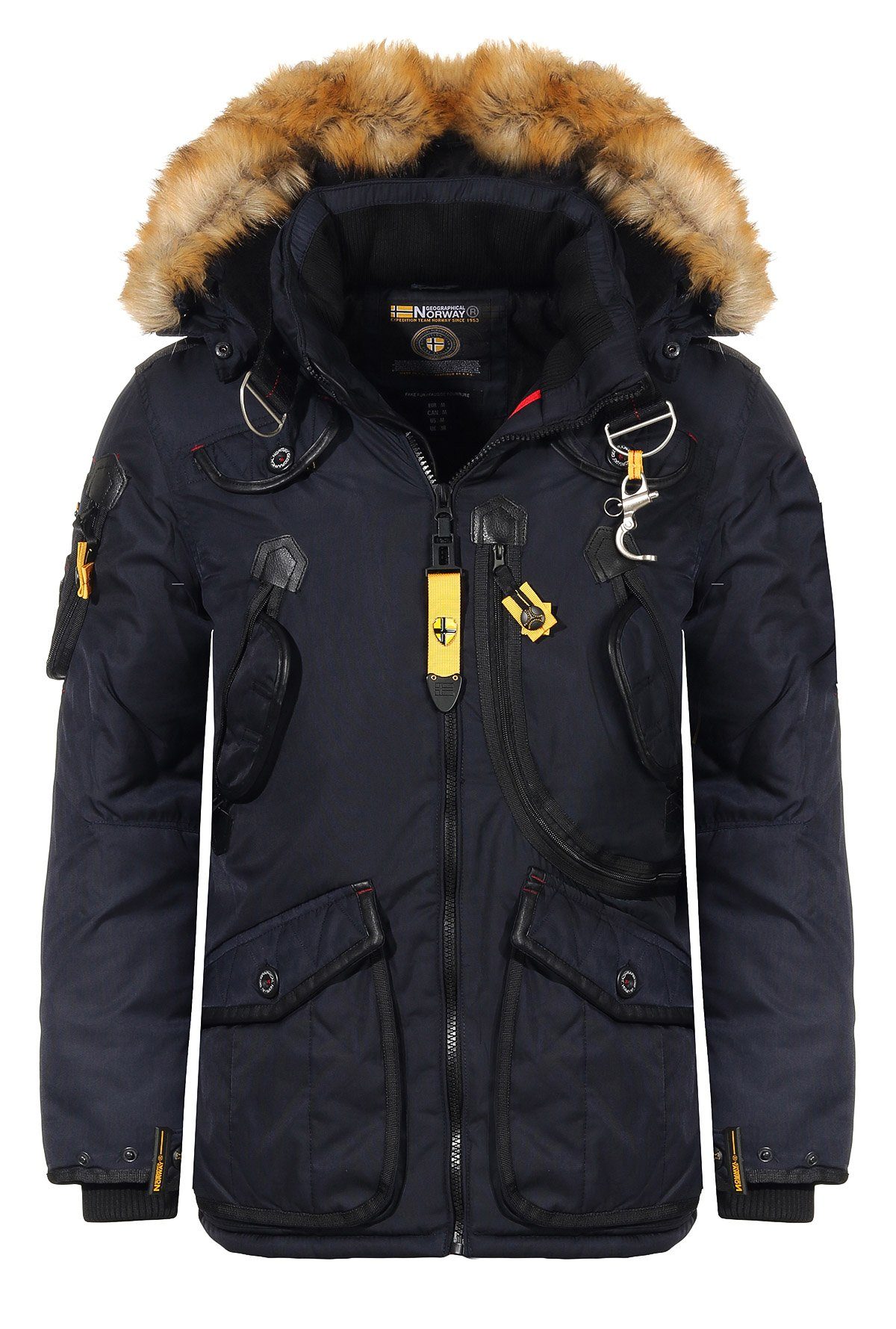 Agaros Geographical Kapuze Winterjacke viele Taschen individuell mit Navy beides Norway abnehmbar, Fellbesatz: