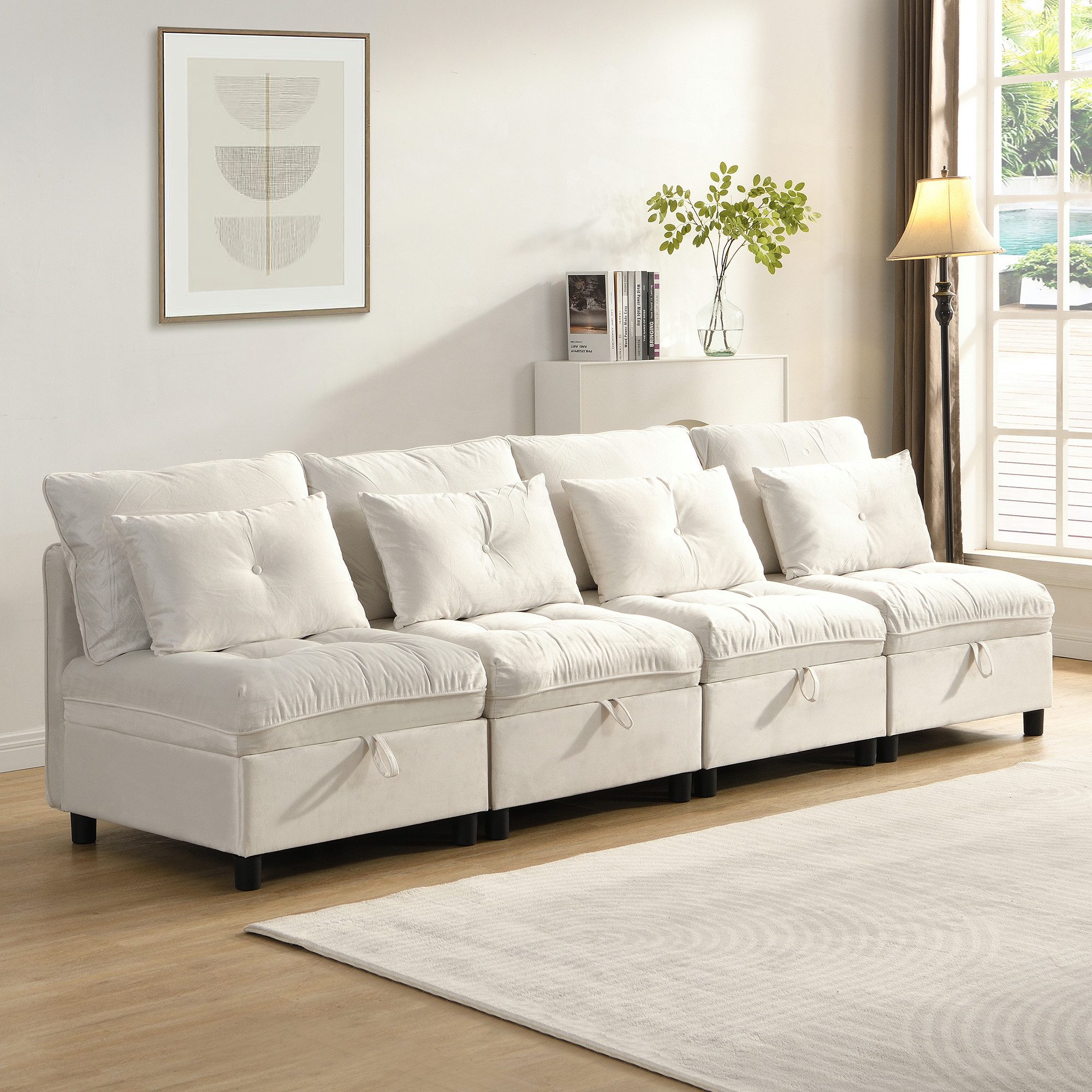 STILVORA Schlafsofa mit Kissen&Stauraum,Polstermöbel Sitzgruppe mit aus Chenille,Beige, Set, Frei kombinierbar