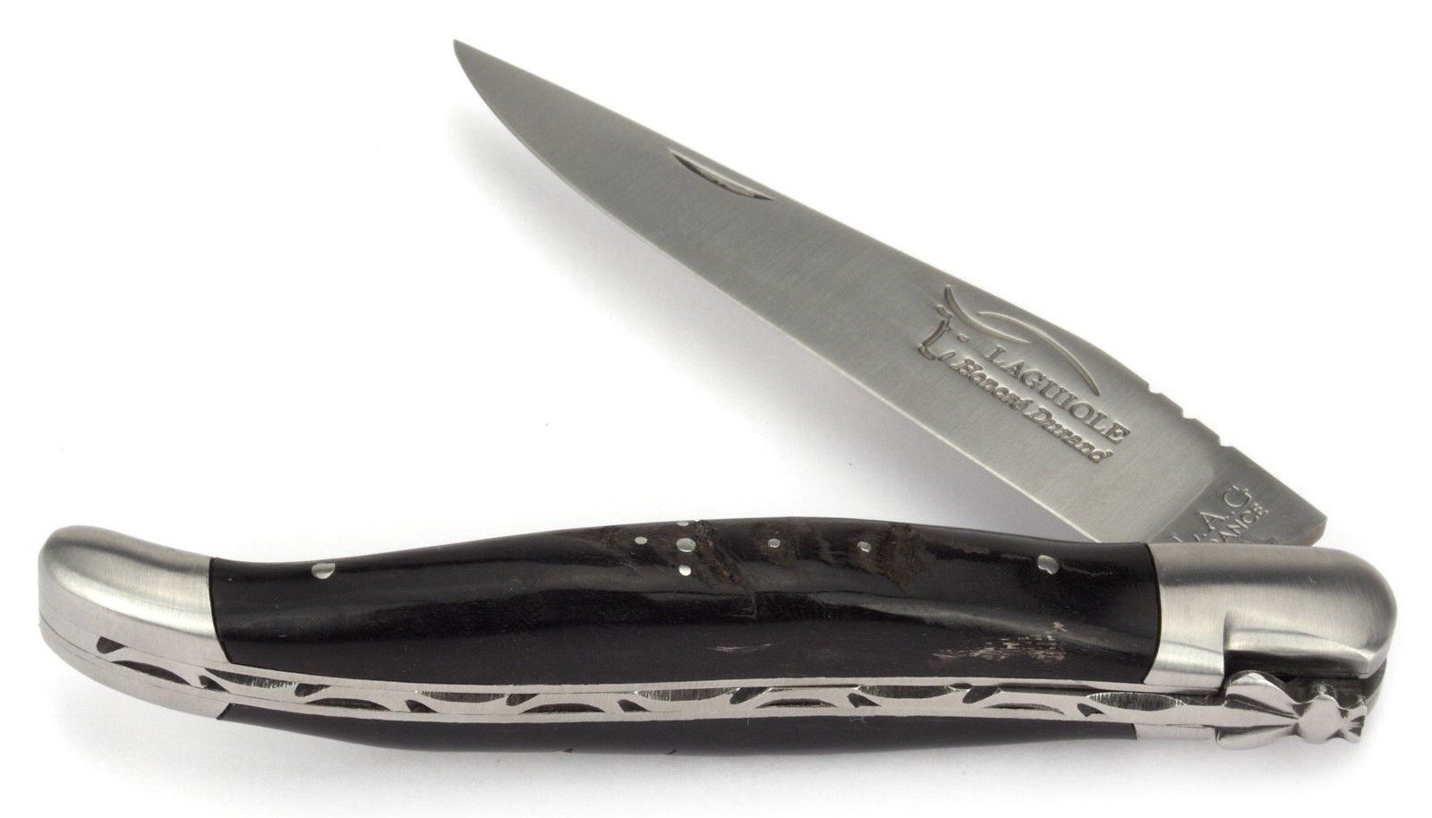Laguiole Honoré Durand Taschenmesser 2LA112IM2AFT12PCB0 NOIR, "Prestige" - Griff 12cm Widderhorn - Feder verziert - Stahl satiniert