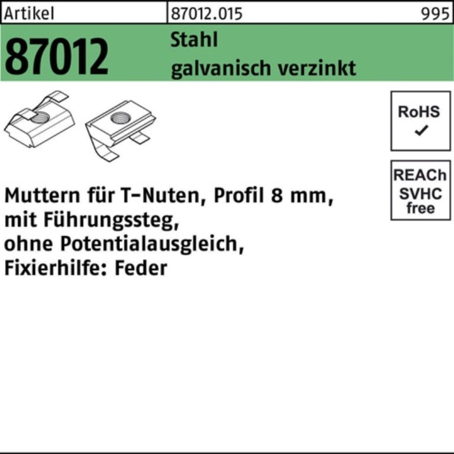 Reyher Muttern 1000er Pack T-Nutenmutter R 87012 Führungssteg/o.Potenzialausgl. 8mm | Muttern