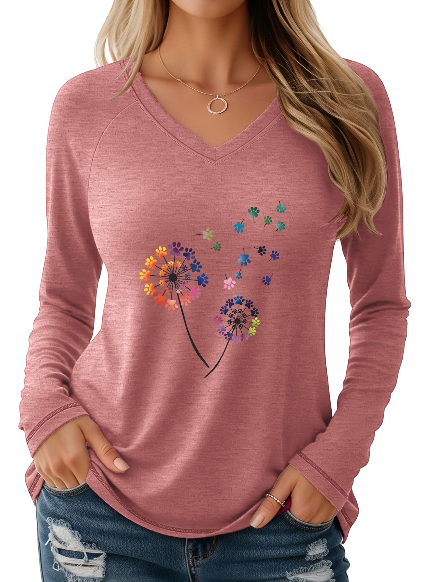 PYLIKE Print-Shirt Damen Casual Langarm mit Löwenzahn Druck bequemes V-Shirt Geeignet für den täglichen Gebrauch im Büro und zu Hause