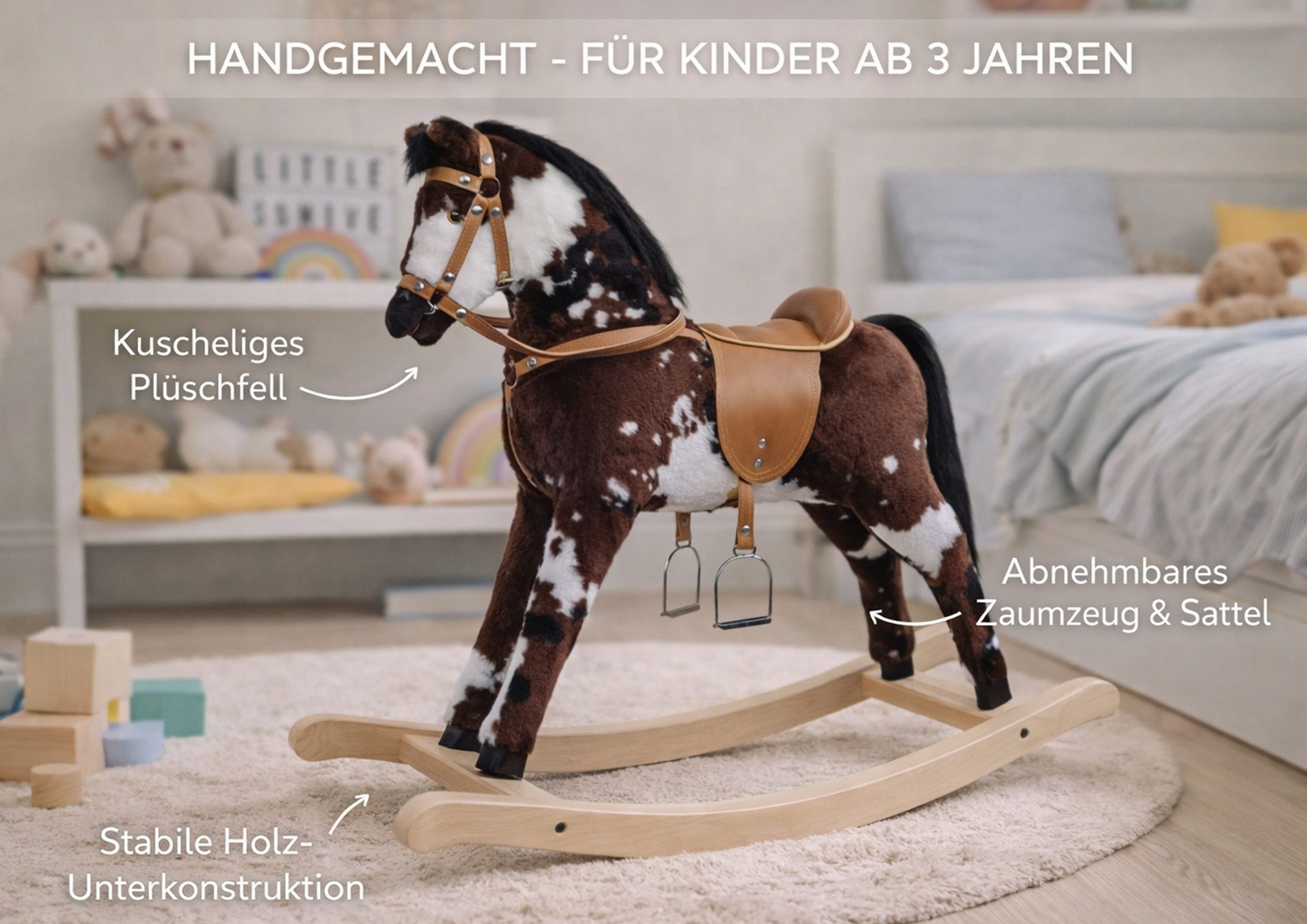 ERST-HOLZ Reitpferd Großes Plüschpferd Schaukelpferd Holzpferd Gescheckt, 96-111 - Plüschpferd gescheckt -Pferdegeschirr inkl.