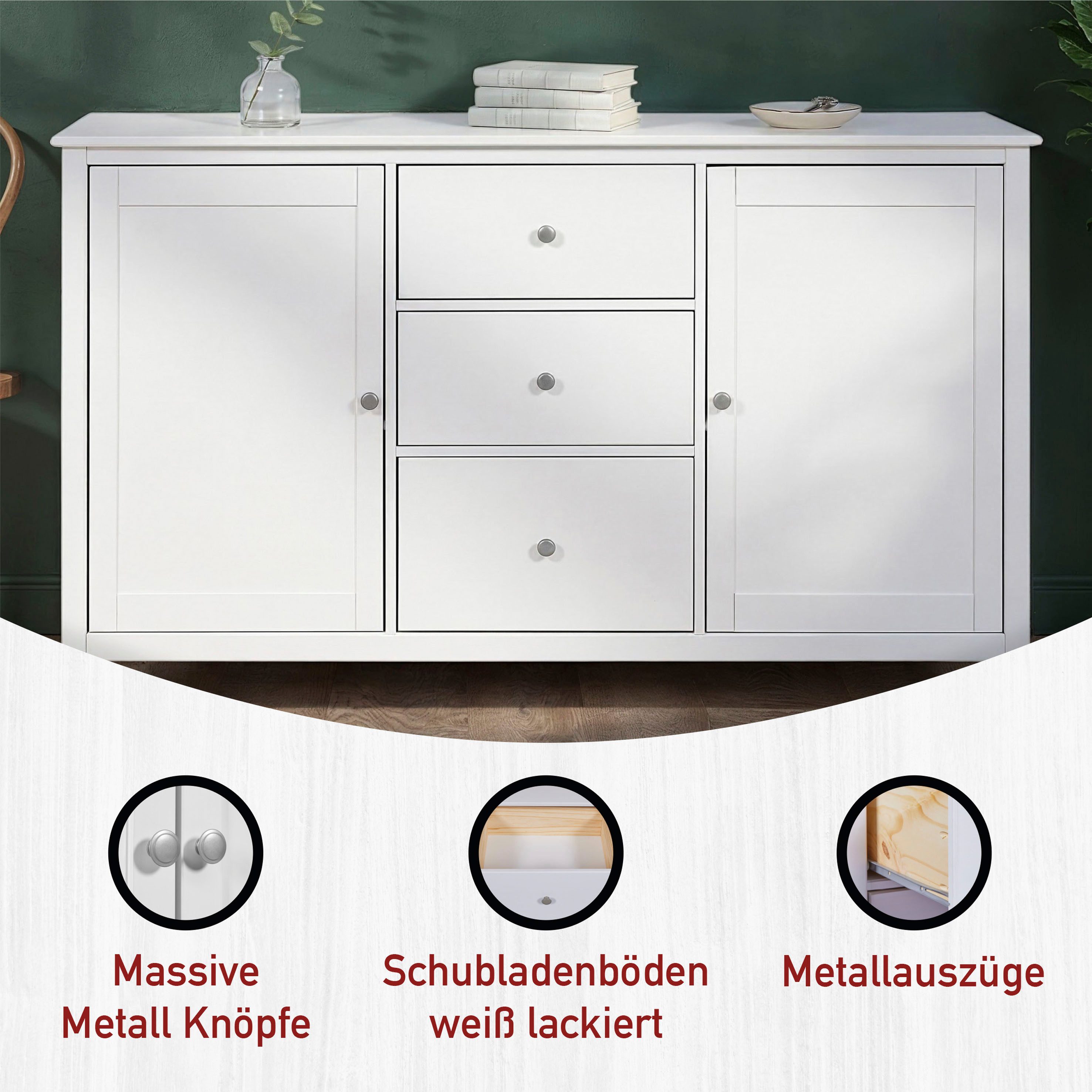 Inter Link Kombikommode Pinora, Kiefer Massivholz, Weiss, 160 x 39,50 x 96 cm, viel Stauraum (1 St), Sideboard im modernem Skandi Look, 3 Schubladen, 2 Türen