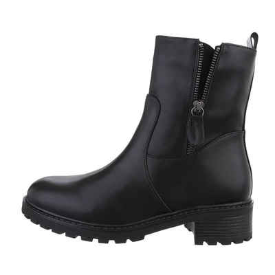 Ital-Design Damen Freizeit Stiefelette Blockabsatz Flache Stiefeletten in Schwarz