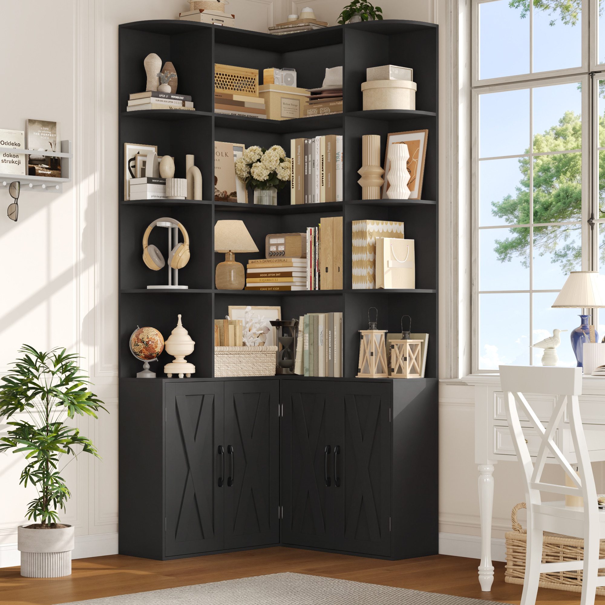 Homfa Bücherregal 187 cm hoher Bücherschrank mit Türen Eckregal, Eckbücherregal Standregal L-förmiger Eckschrank 80 x 80 x 187 cm