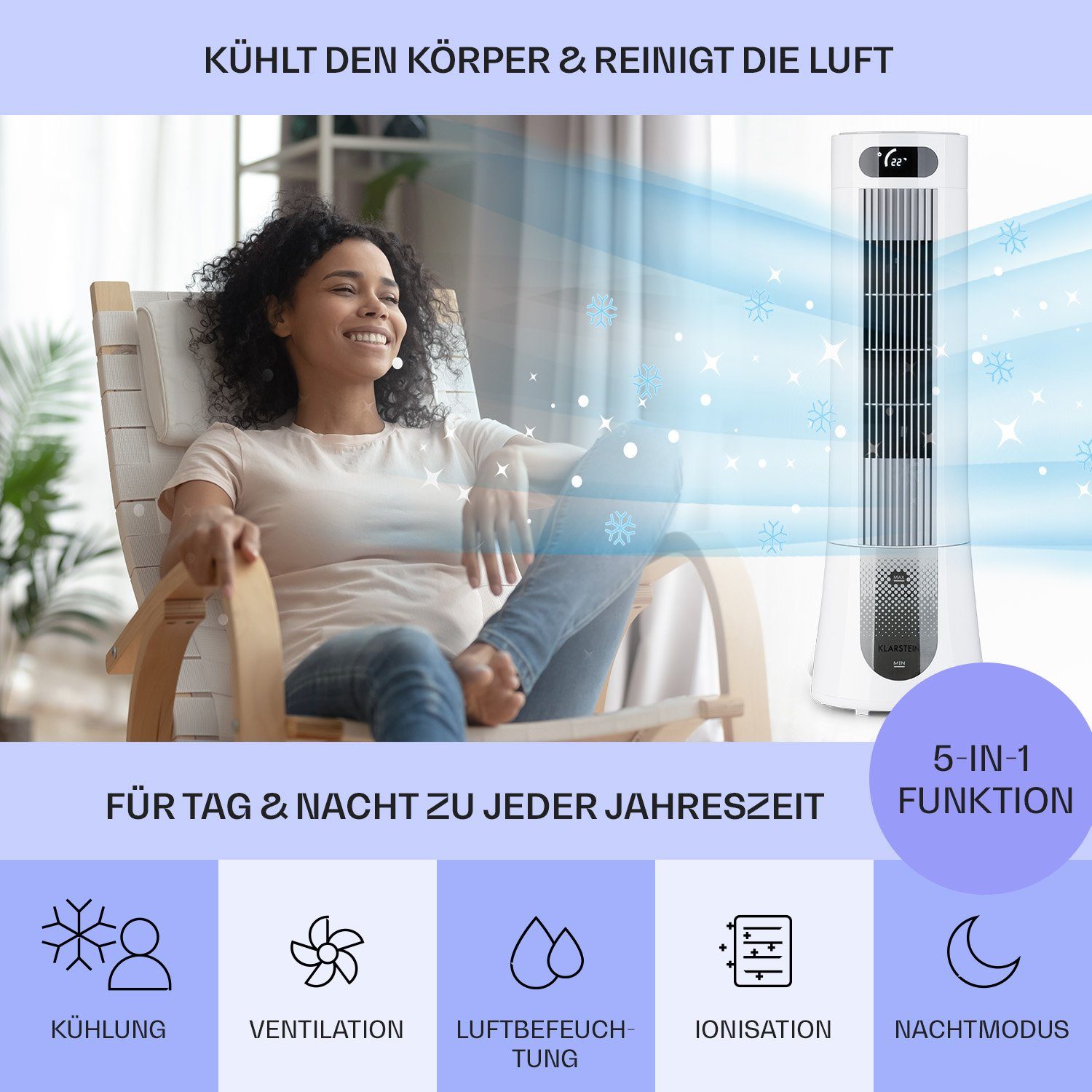 Klarstein Ventilatorkombigerät Skyscraper Frost mit Luftkühler, Eis mobil & Wasserkühlung Abluftschlauch ohne Klimagerät