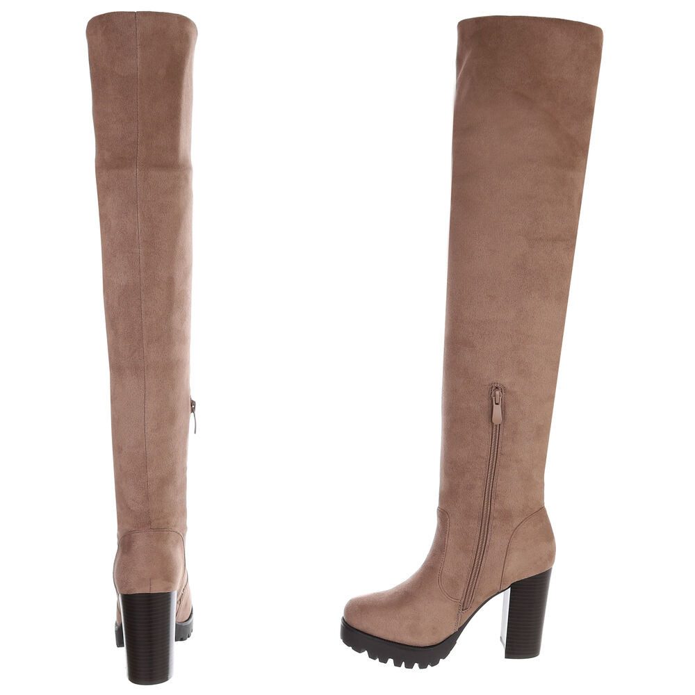 Ital-Design Kniehohe Stiefel mit Absatz für Damen im Alltag Overkneestiefel (90726982) Blockabsatz Stiefel in Beige