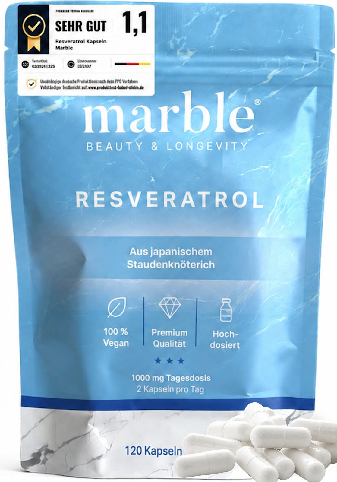 Marble Resveratrol 1000 mg 120 Kapseln aus Staudenknöterich - marble® Kapseln, 77 g