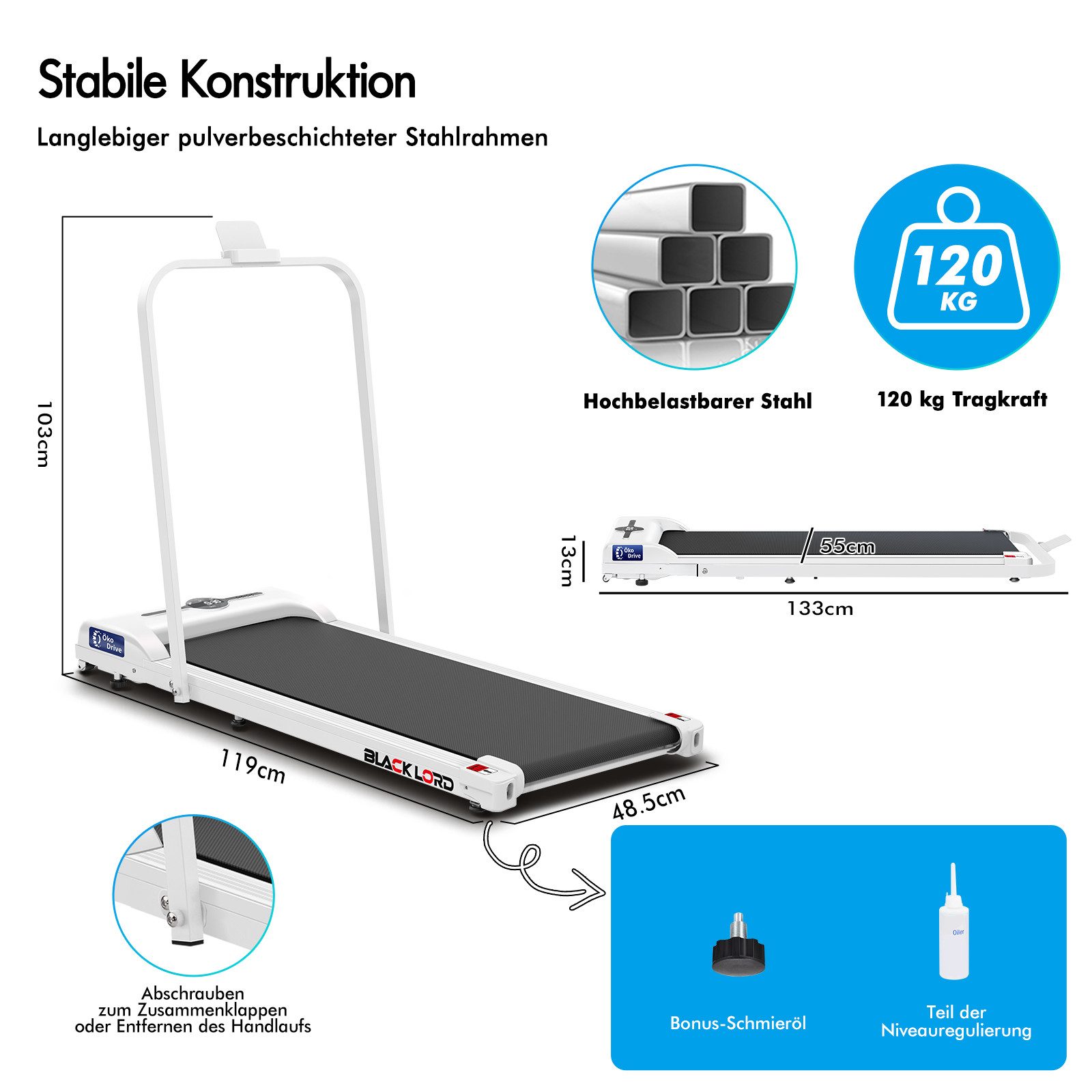 BLACK LORD Laufband für Zuhause, Walking Pad, Klappbares Untertisch-Laufband mit Armlehne (119 x 48,5 x 103 cm, 1-tlg), mit Bluetooth, Fernbedienung, Lautsprecher, 1-12km/h